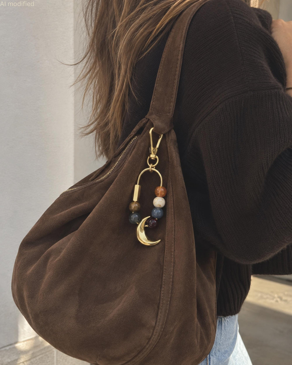 Crescent Moon Charm Bag Accessory Beaded Handbag Jewelry Celestial Purse Dangle Keychain Clip Swivel Attachment Gold Clasp Gemstone Tortoise