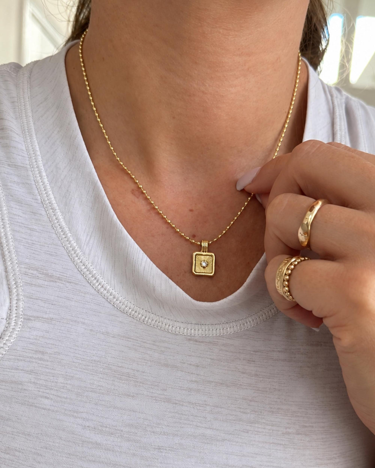 Dainty Gold Necklace Ball Chain Pendant Jewelry Crystal Charm Minimalist Layering Piece Women Everyday Wear Adjustable Length Gold Filled