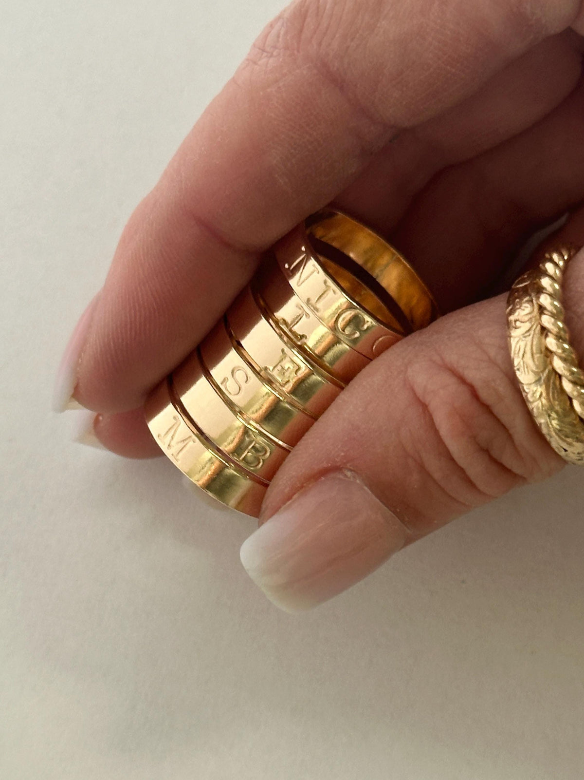 Custom Name Jewelry Gold Stackable Ring Set Initial Letter Engraving Personalized Gift Collection Minimalist Dainty Design Bridesmaid Present Essential Everyday Wear Accessory Simple Elegant Styling Gold Filled Band Construction Textured