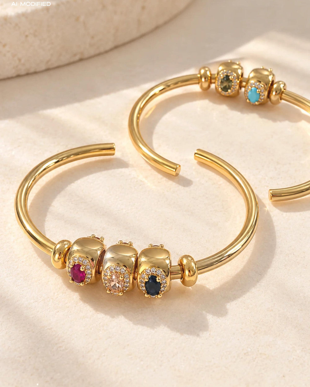 Custom Birthstone Jewelry Personalized Charm Bracelet Gold Cuff Bangle Adjustable Slider Bead Design Minimalist Thin Band Elegant Everyday Wear Women Accessory Perfect Mom Gift Family Birthstone Set Three Stone Slots Gold Plated Durable
