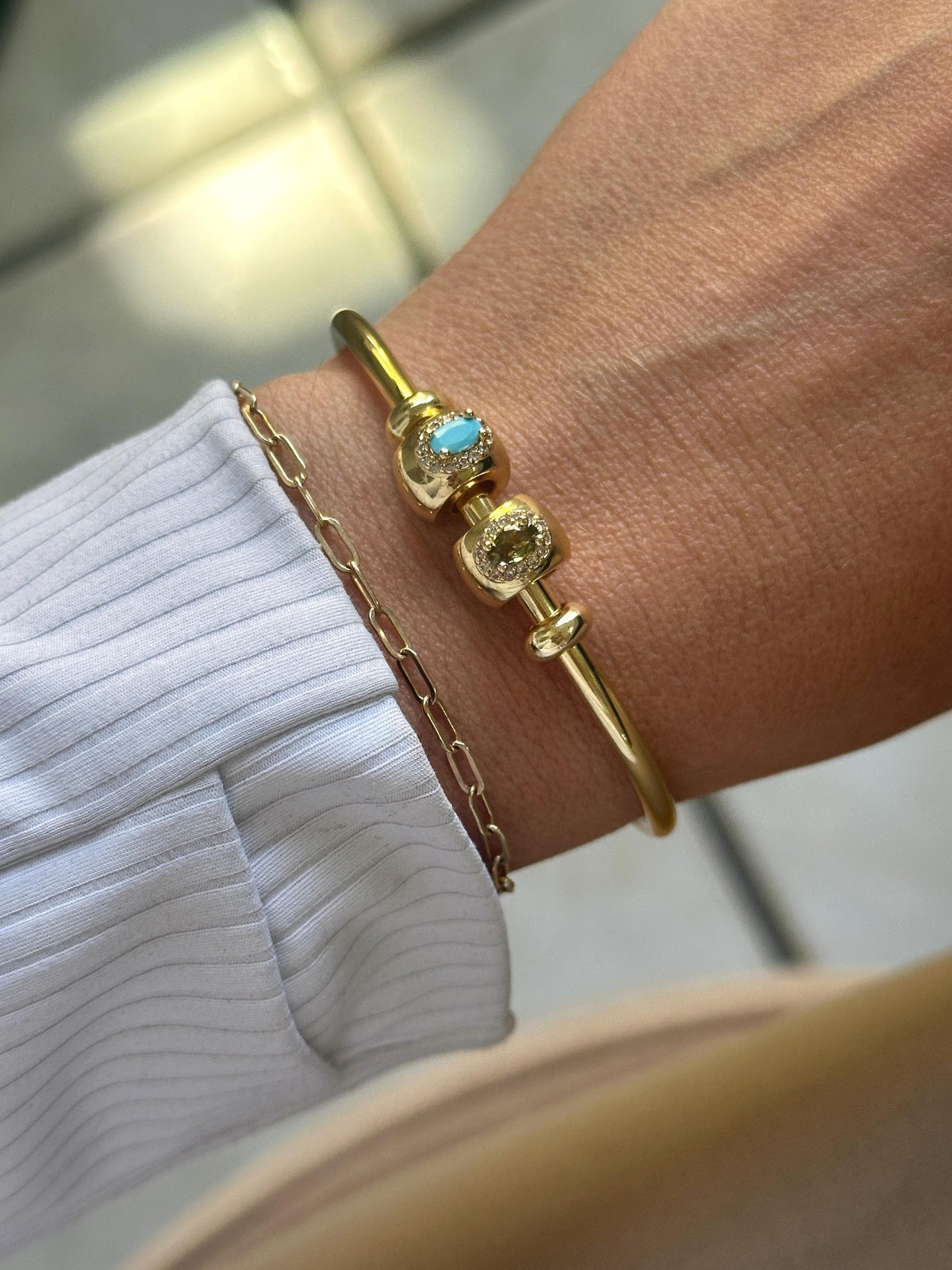 Adjustable Gold Bracelet Birthstone Charm Cuff Bangle Slider Bead Personalized Jewelry Custom Design Dainty Minimalist Thin Band Everyday Accessory Women Wear Perfect Mom Gift Family Set Gemstone Collection Three Birthstone Slots Gold
