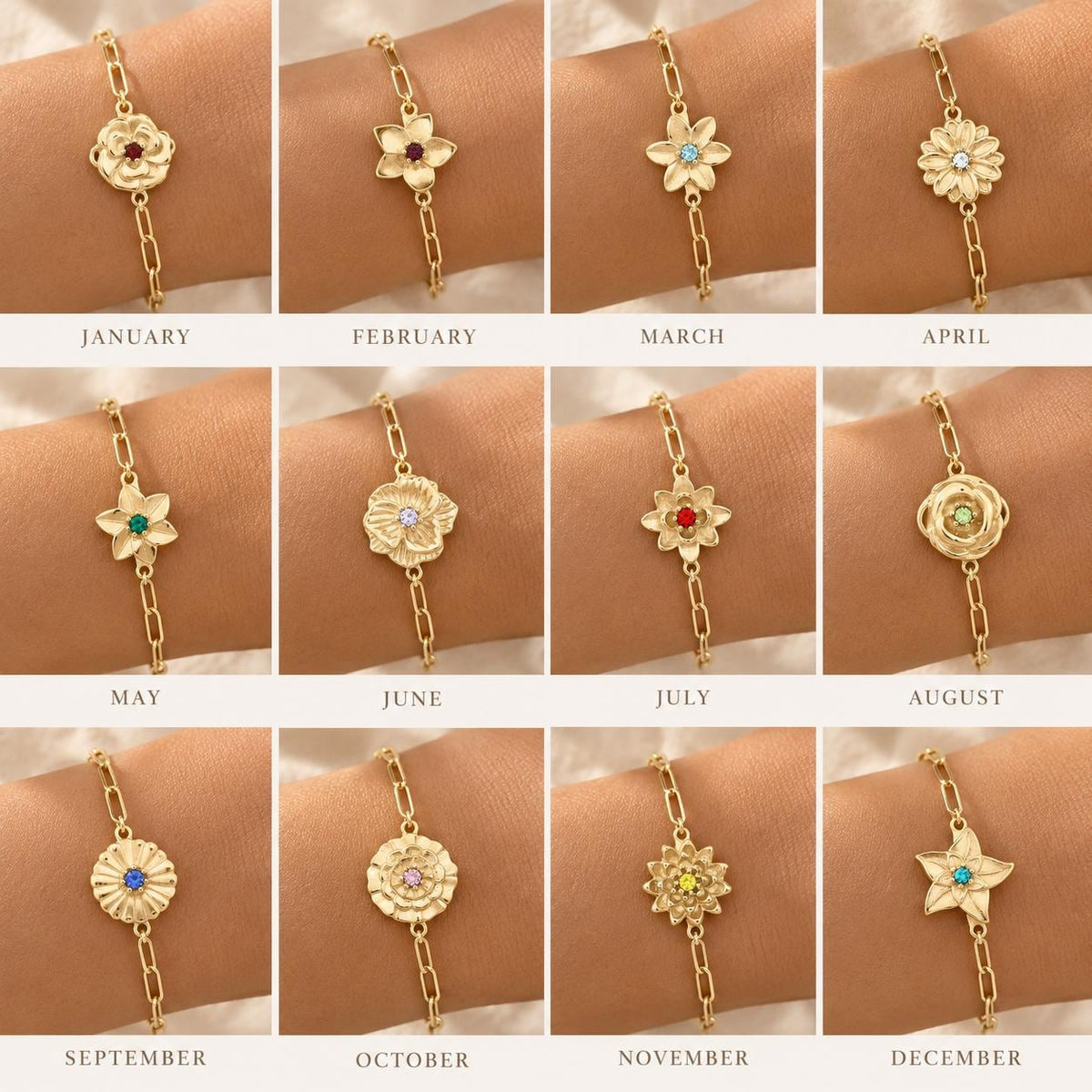 Birth Month Flower Bracelet Birthstone Charm Jewelry Personalized Floral Design Gold Filled Chain Bracelet Waterproof Vintage Style Dainty Delicate Jewelry Birth Flower Gift Perfect Birthday Present Genuine Birthstone Crystal Connector Non