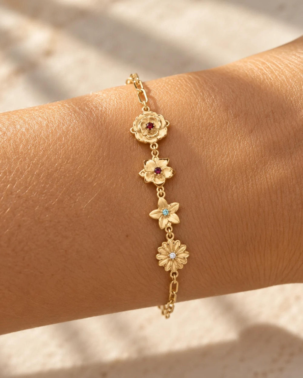 Dainty Gold Bracelet Layered Stacking Jewelry Birth Flower Charm Birthstone Connector Bracelet Waterproof Daily Wear Gold Filled Chain Jewelry Everyday Wear Never Remove Bracelet Personalized Birth Month Gift Vintage Inspired Floral Design