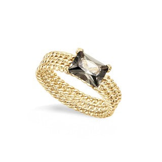 Gold woven band ring with a large, rectangular black stone centerpiece.