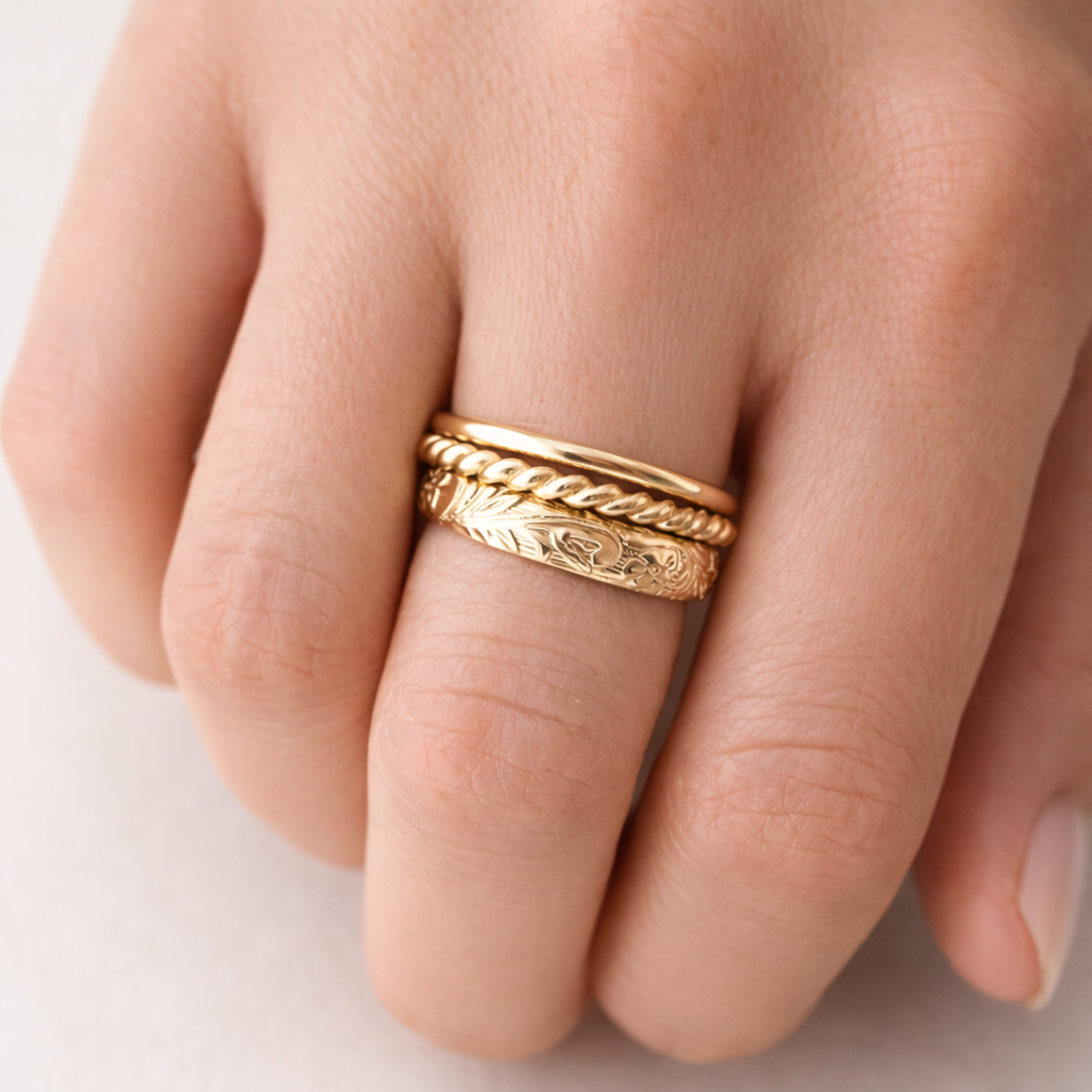 gold filled ring stack set with floral design 