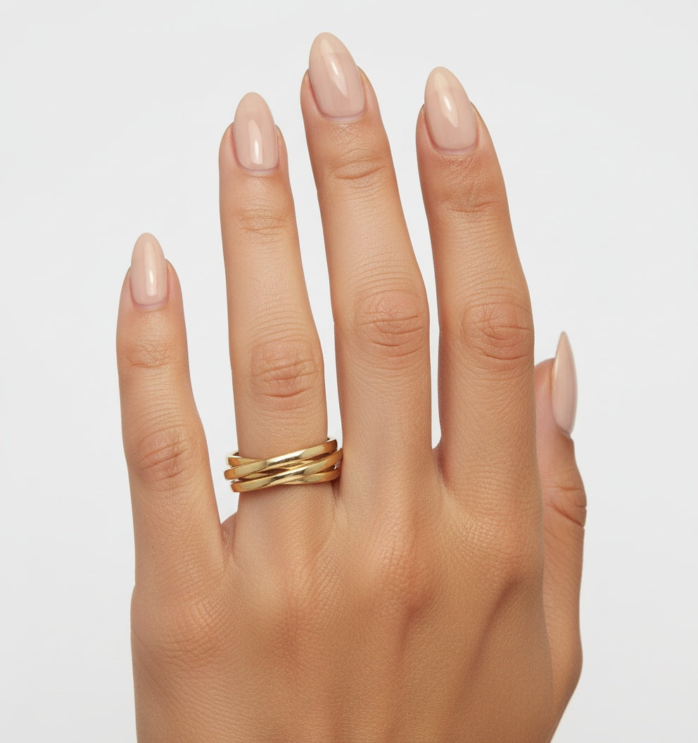 Gold Crossover Multi Band Ring Modern Wedding Band Statement Ring Design Handmade Gold Filled Jewelry Hammered Texture Finish Stacked Ring Style Fashion Forward Look Contemporary Design Elements Everyday Wear Piece Artisan Crafted