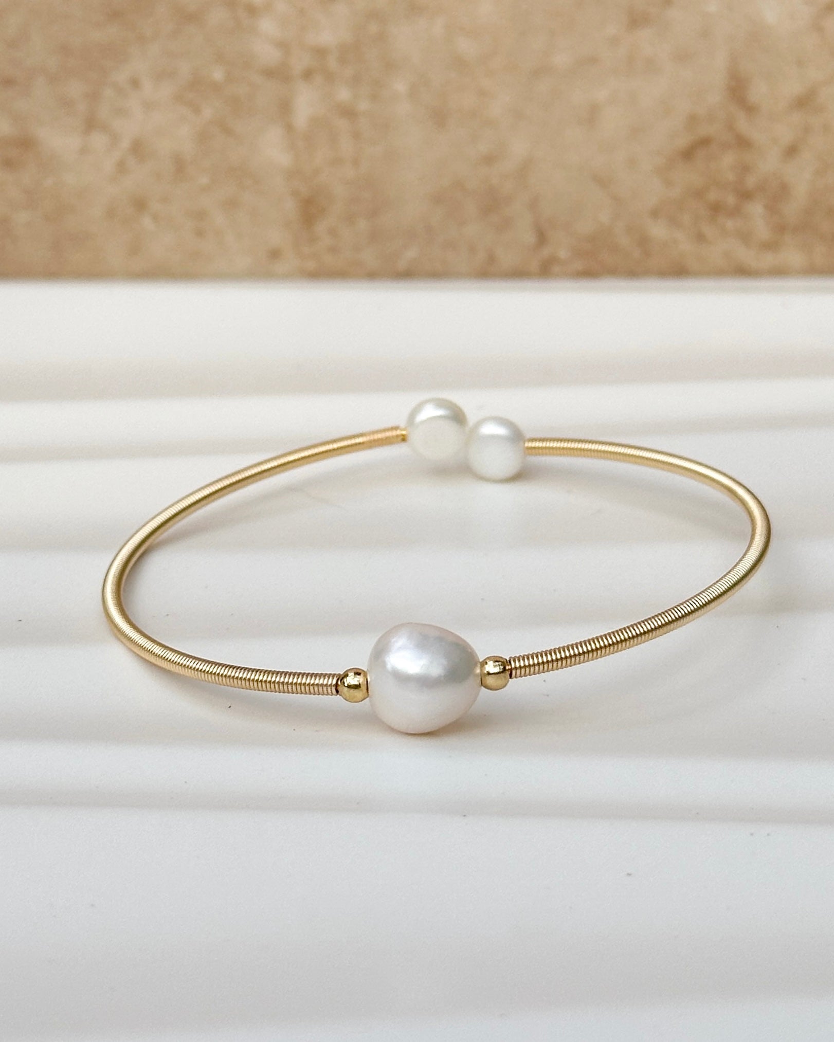 Pearl Wire Bangle Bracelet Wedding Jewelry Collection Gold Filled Design Freshwater Pearl Accent Elegant Bridesmaid Gift Special Occasion Accessory Adjustable Size Dainty Style Wedding Day Essential Beautiful Handcrafted Details