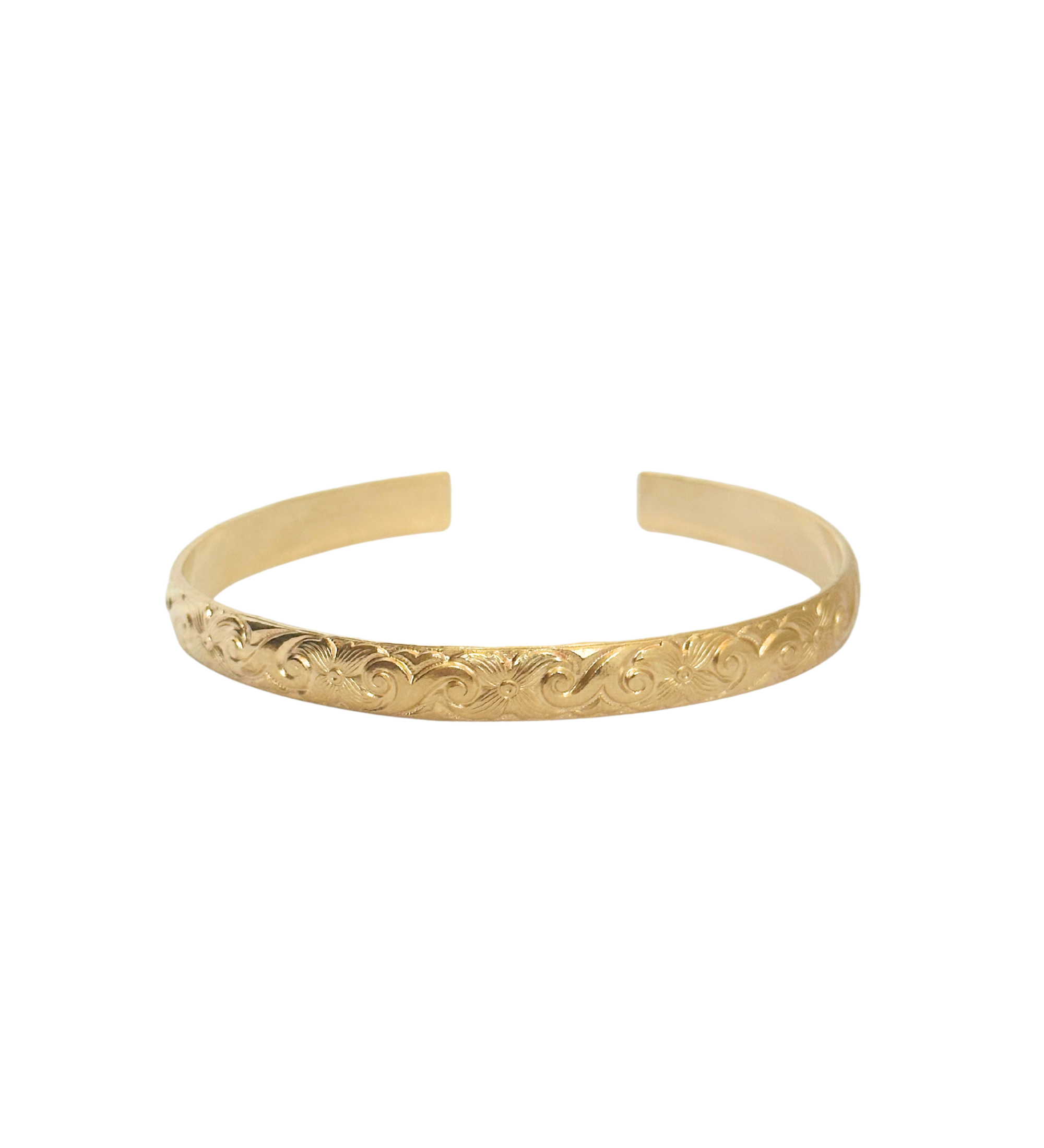 Classic Gold Bracelet Vintage Antique Inspired Style Feminine Design Floral Pattern Details Metal Band Construction Beautiful Wrist Accessory Fashion Forward Piece Custom Size Options Adjustable Band Perfect Gift Choice Elegant Jewelry