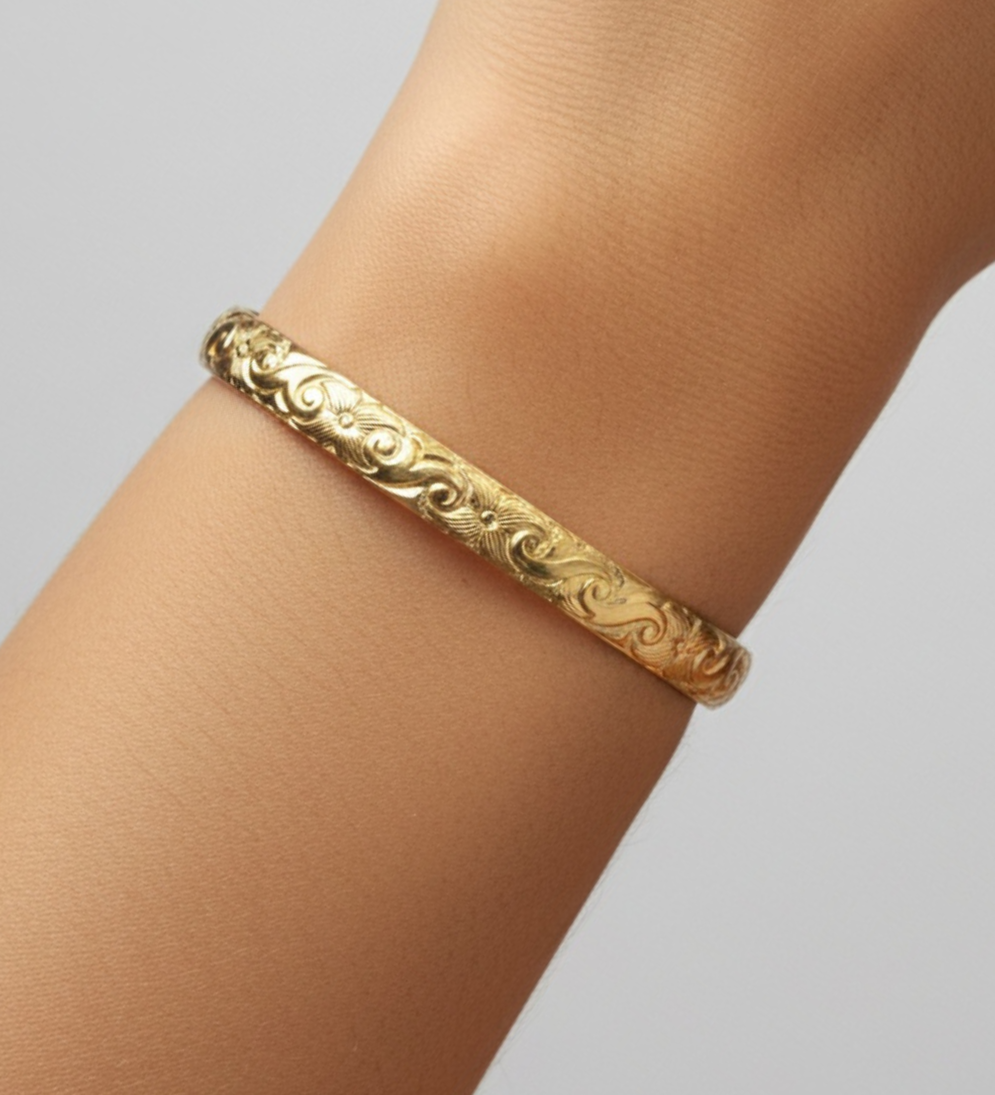 Elegant Gold Bracelet Vintage Antique Inspired Style Floral Engraved Pattern Classic Design Metal Band Beautiful Wrist Accessory Fashion Forward Piece Custom Size Options Adjustable Cuff Style Feminine Jewelry Collection Perfect Gift Choice
