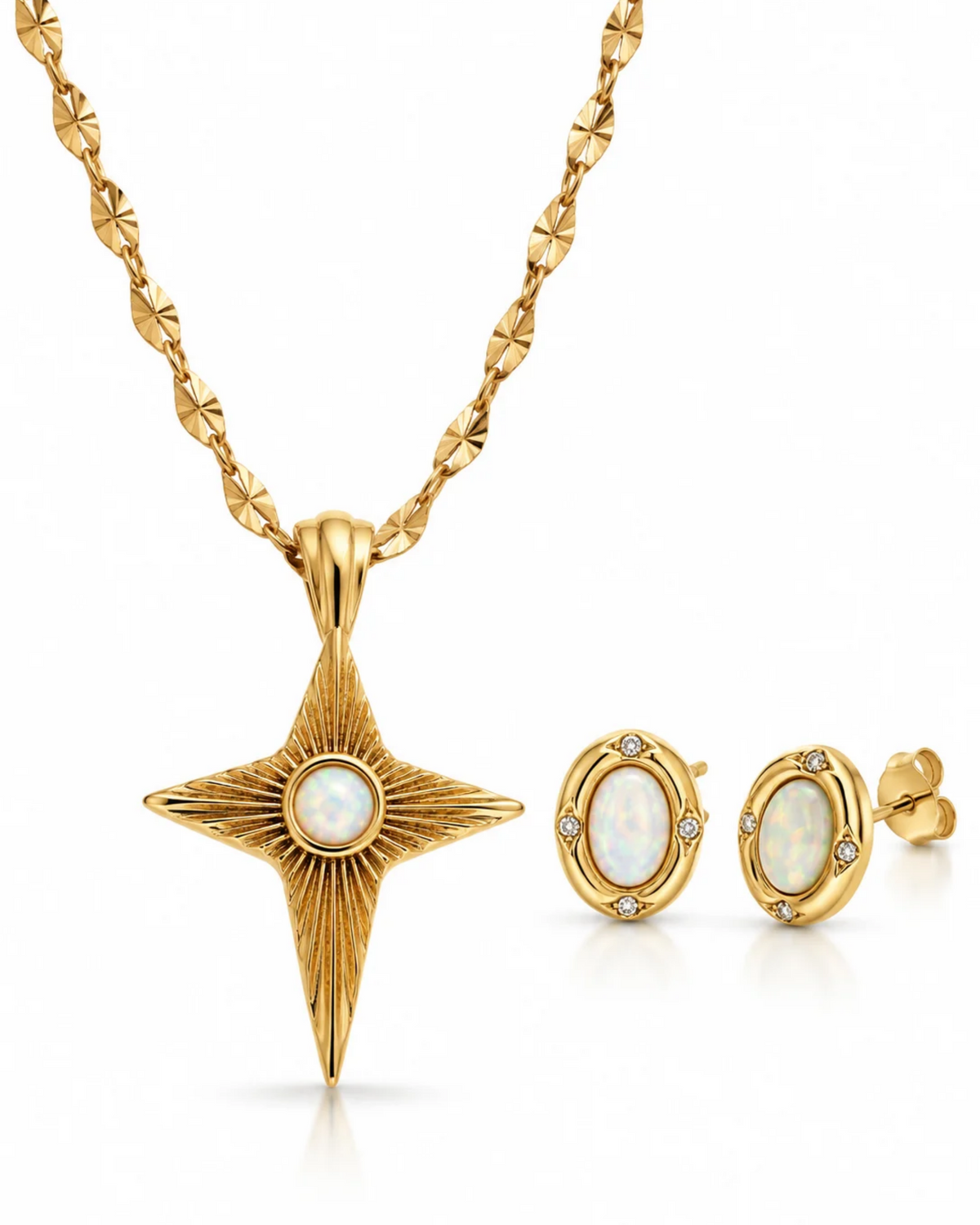 Gold Jewelry Set – Opal Starburst Necklace with Matching Earrings