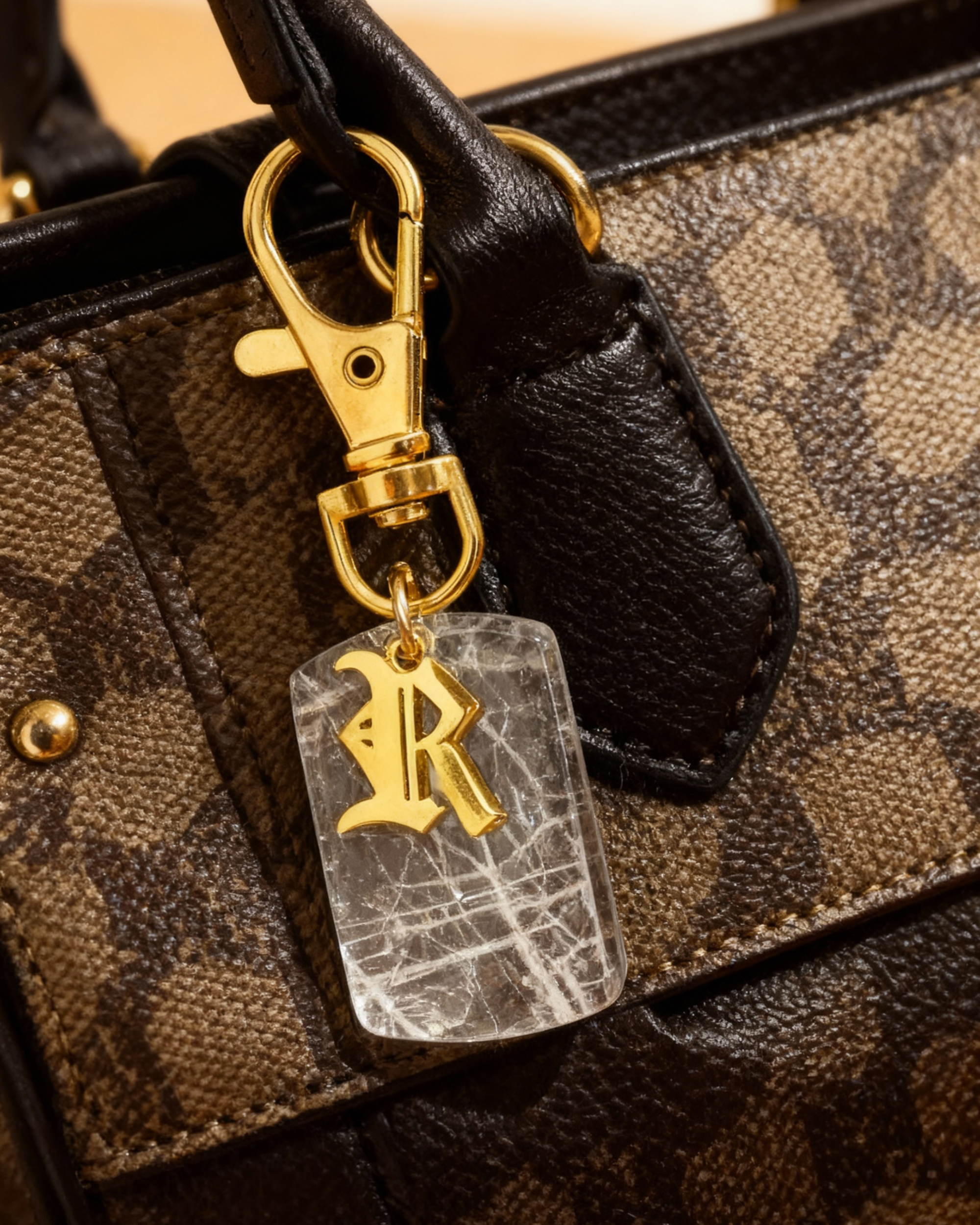 Gold-tone personalized crystal bag charm with lobster clasp and engraved locket pendant detail