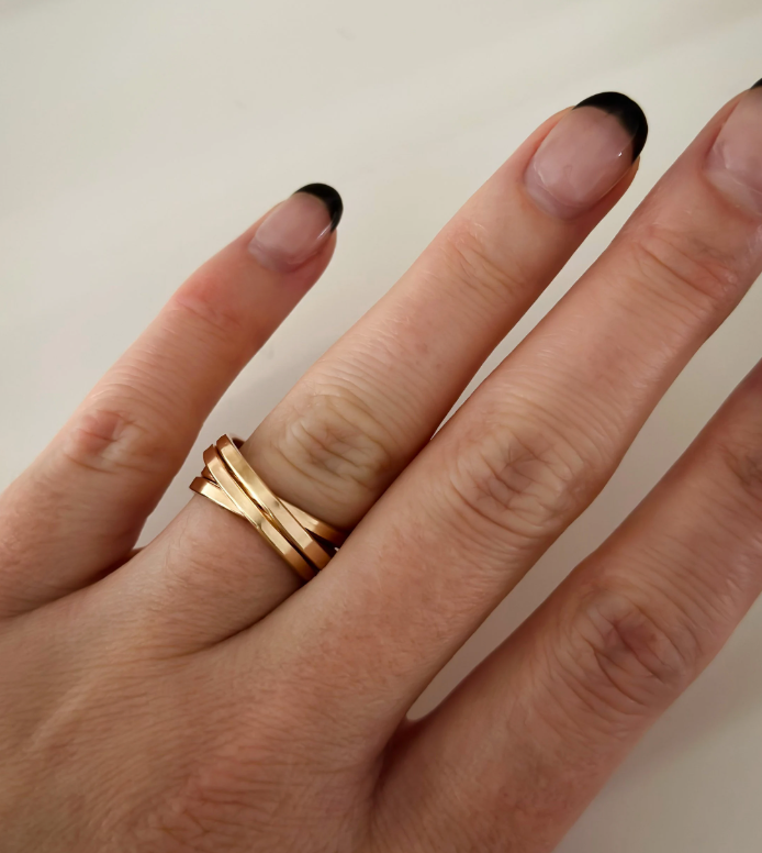 Handmade Gold Ring Multi Band Crossover Design Statement Ring Stacked Ring Collection Premium Metal Construction Hammered Texture Finish Modern Style Elements Fashion Forward Look Contemporary Jewelry Piece Unique Band Pattern Special