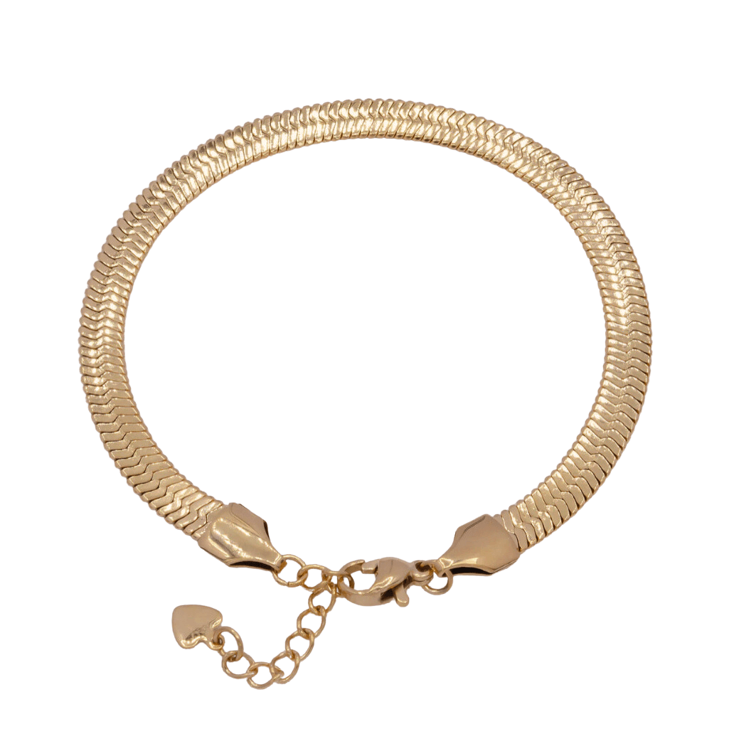 Introducing the Bold Herringbone Bracelet, a stunning 18K gold chain bracelet with a lobster clasp, featuring a delicate heart charm on an adjustable and water-resistant herringbone chain.