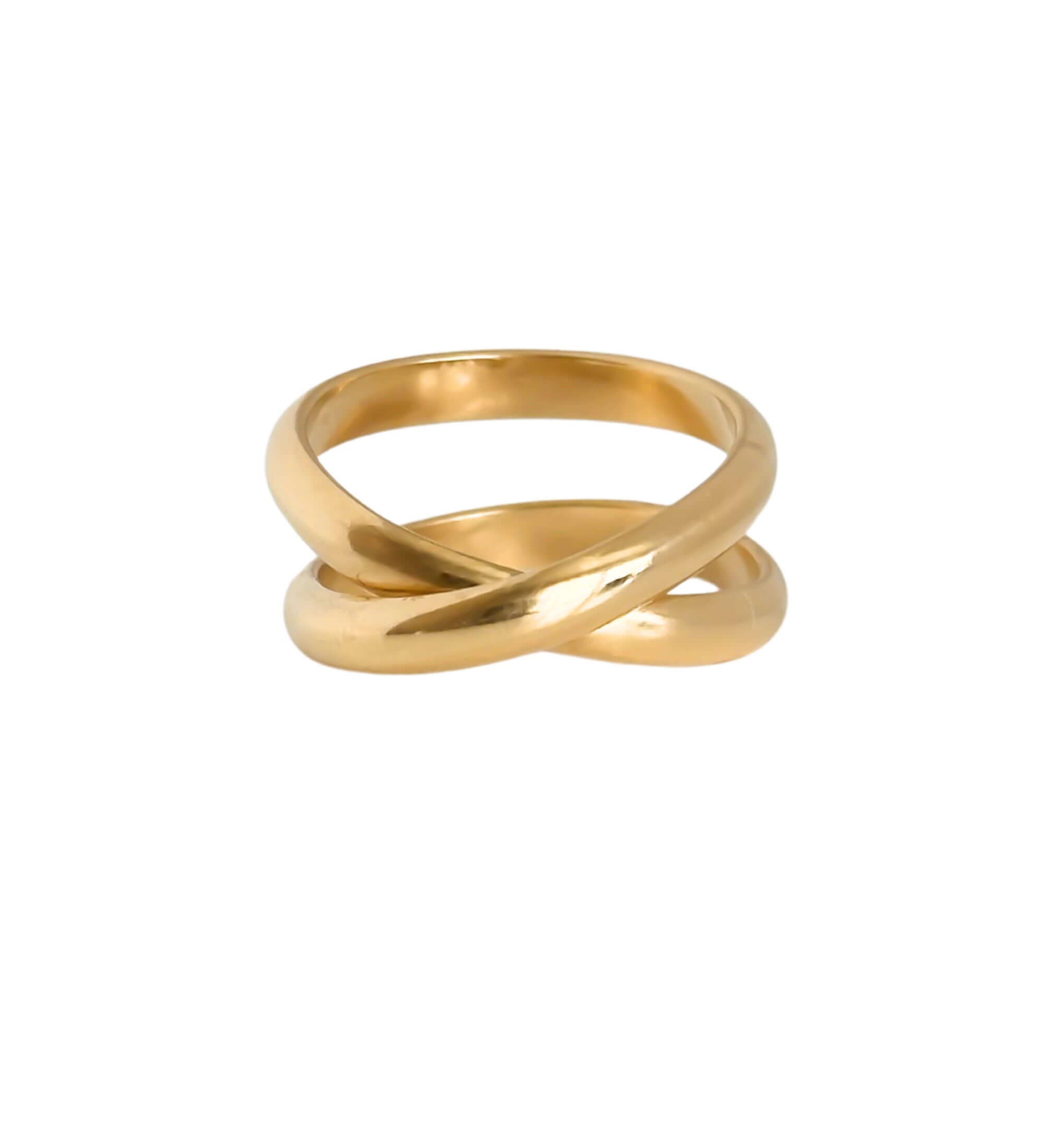 The Crossover Ring is a polished gold piece featuring an overlapping, intertwined design, perfect for a chunky look.