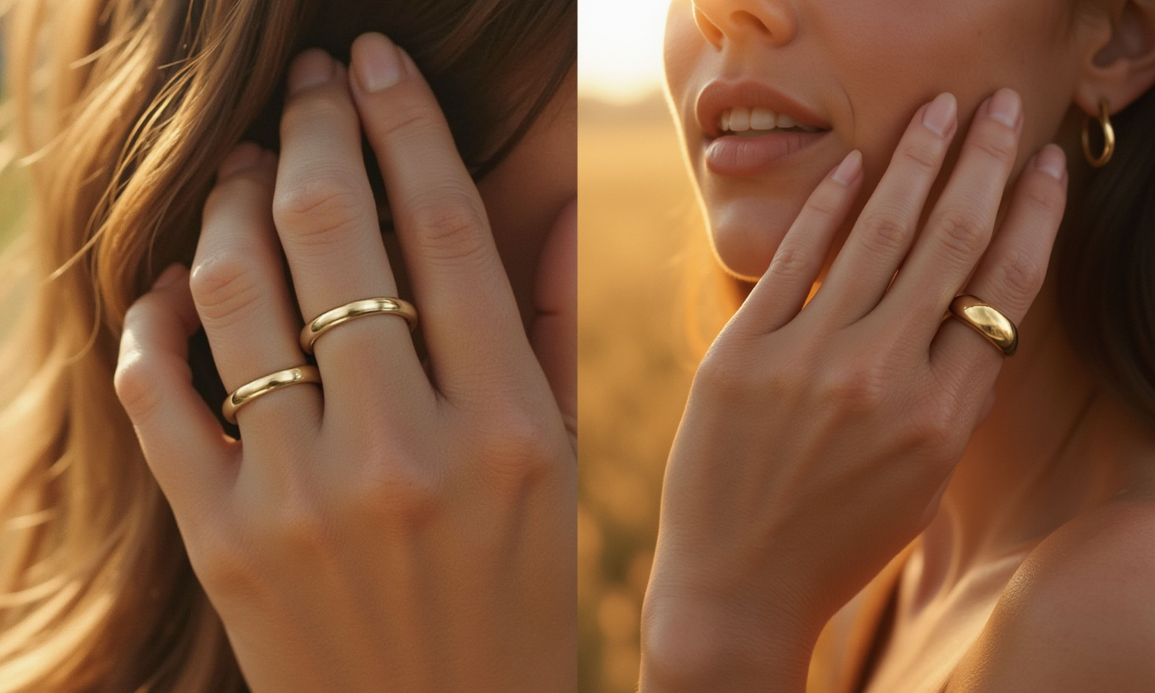 Close-up of a woman’s hand wearing elegant gold rings in natural outdoor lighting, showcasing minimalist jewelry style and warm golden tones.