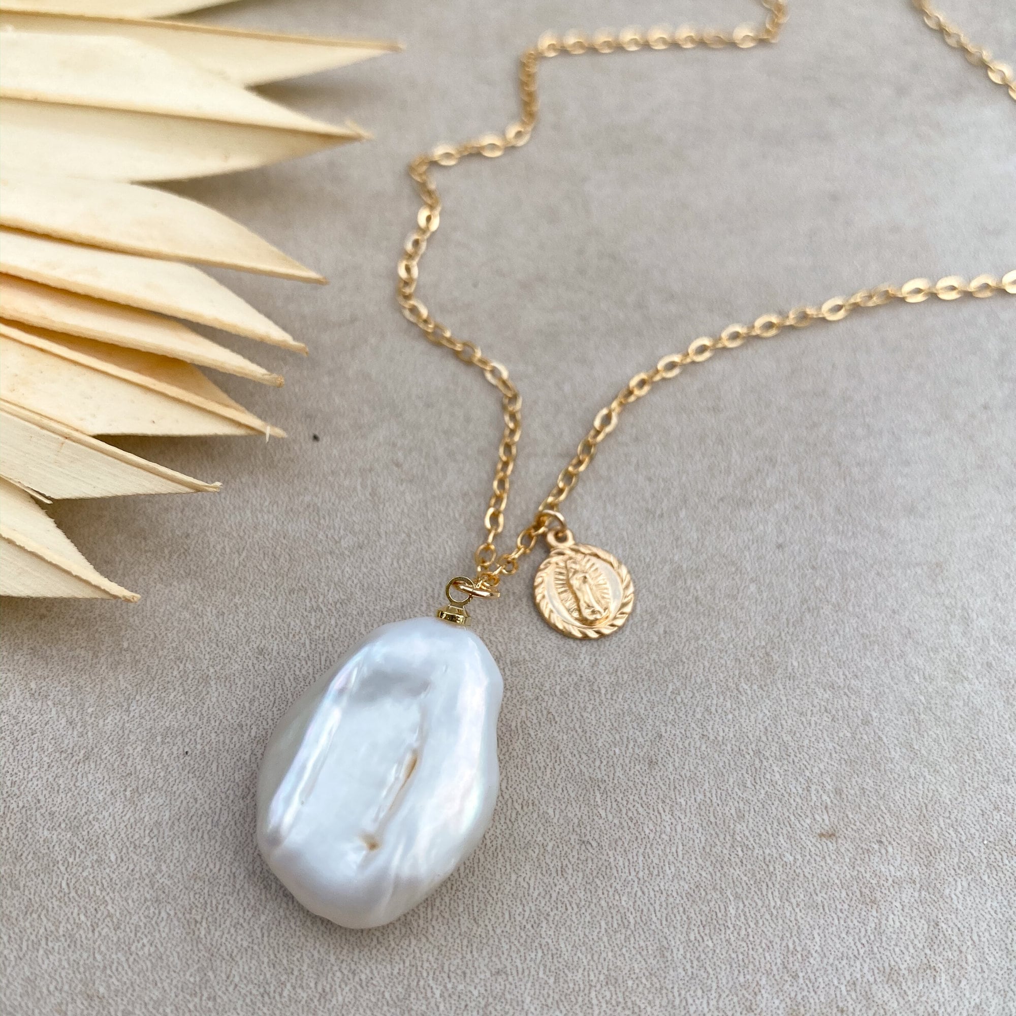 Gold Filled Baroque pearl coin necklace gold large freshwater pearl 14k non tarnish water proof summer necklace