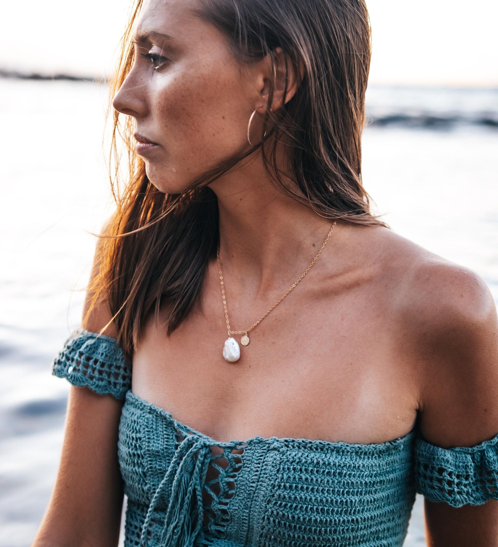 Gold Filled Baroque pearl coin necklace gold large freshwater pearl 14k non tarnish water proof summer necklace