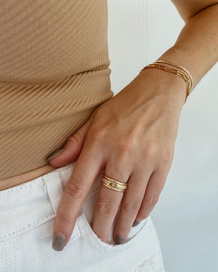 Minimalist Signet Ring Initial Design Gold Filled Metal Dainty Jewelry Set Custom Letter Engraving Personalized Monogram Detail Everyday Wear Collection Stacking Ring Option Simple Band Pairing Handmade Quality Construction Perfect Gift