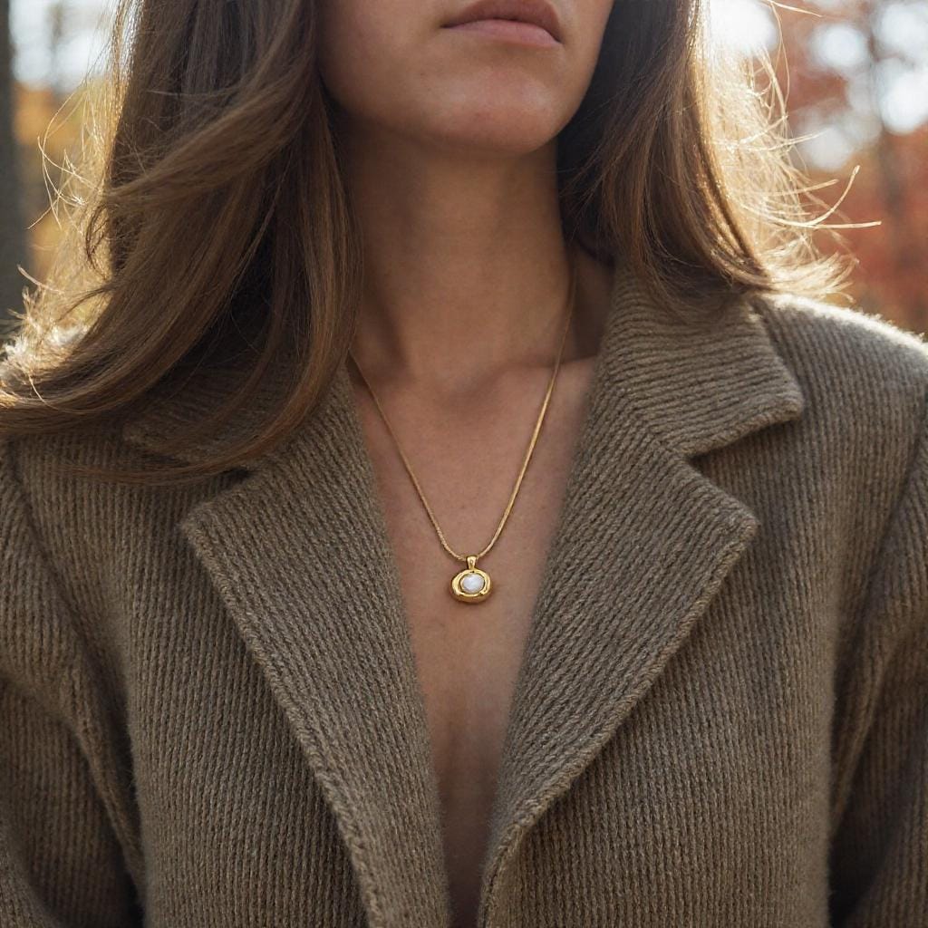 Gold Pearl Necklace Elegant Pendant Design Stainless Steel Chain Mother Pearl Center Oval Shape Modern Style Wedding Day Accessory Special Occasion Jewelry Minimal Layering Piece Anniversary Gift Luxury Statement Piece Bridal Collection