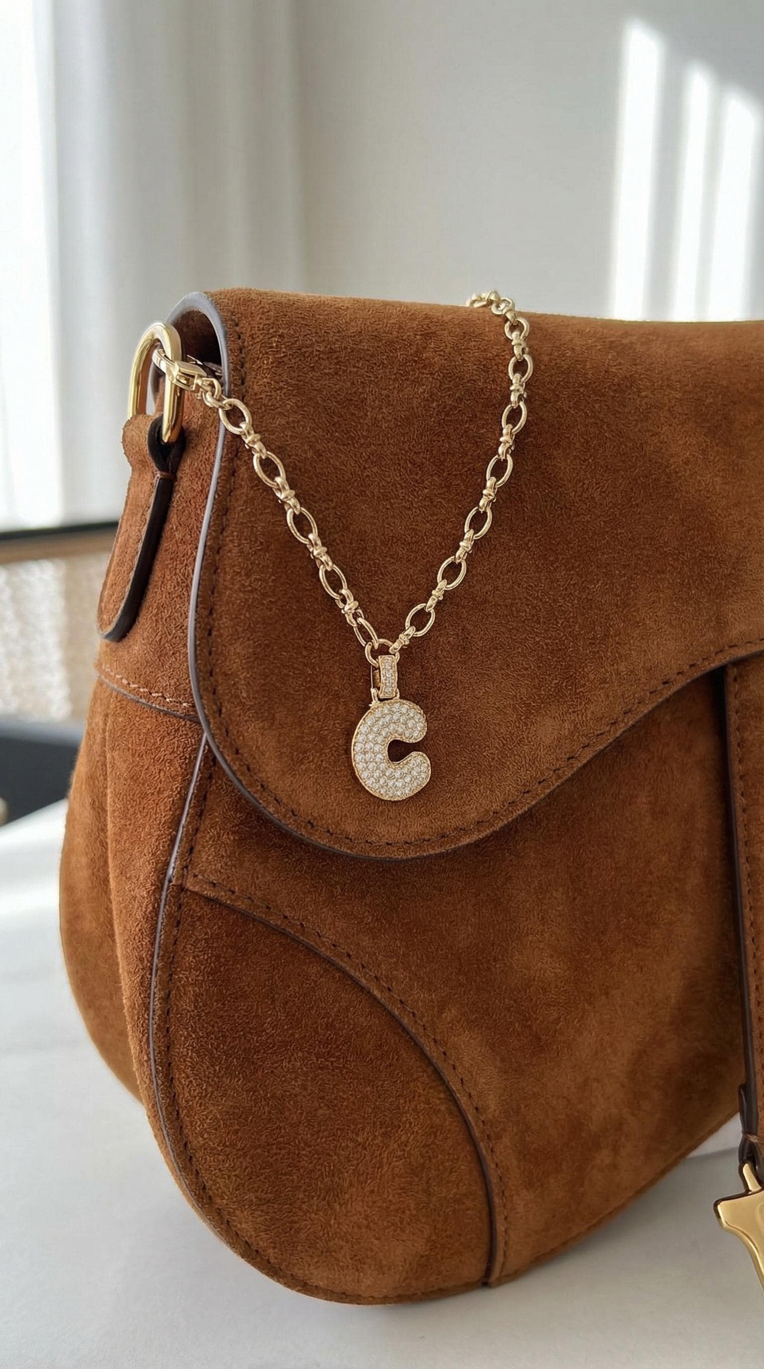 Crystal Letter Charm Personalized Initial Pendant Gold Chain Accessory Luxury Bag Decoration Sparkly Monogram Design Custom Gift Idea Pave Bubble Letter Fashionable Purse Embellishment Handbag Charm Collection Trendy Accessory Option
