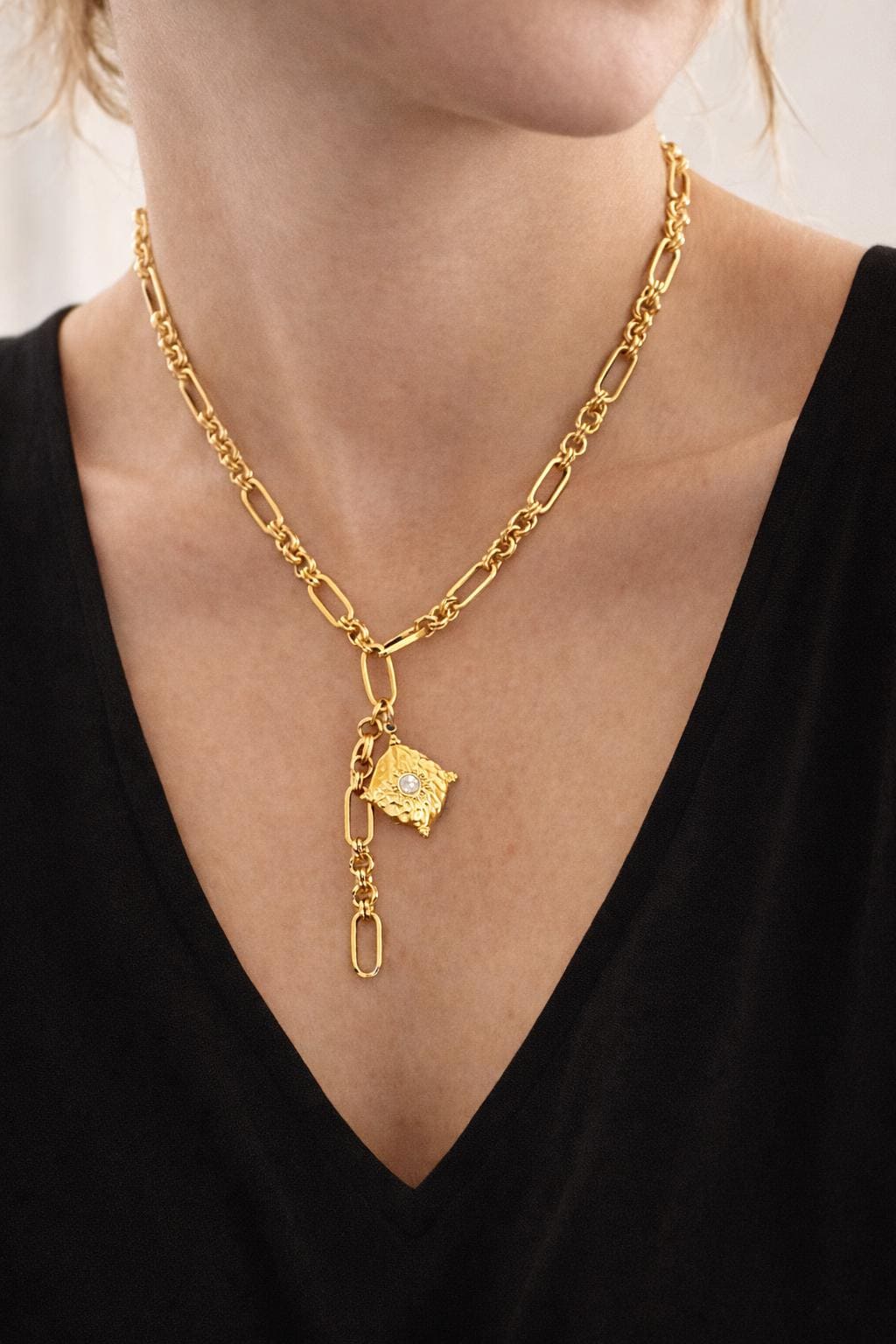 Gold Lariat Necklace Textured Pendant Paperclip Chain Drop Modern Statement Charm Layered Y Gift for Her