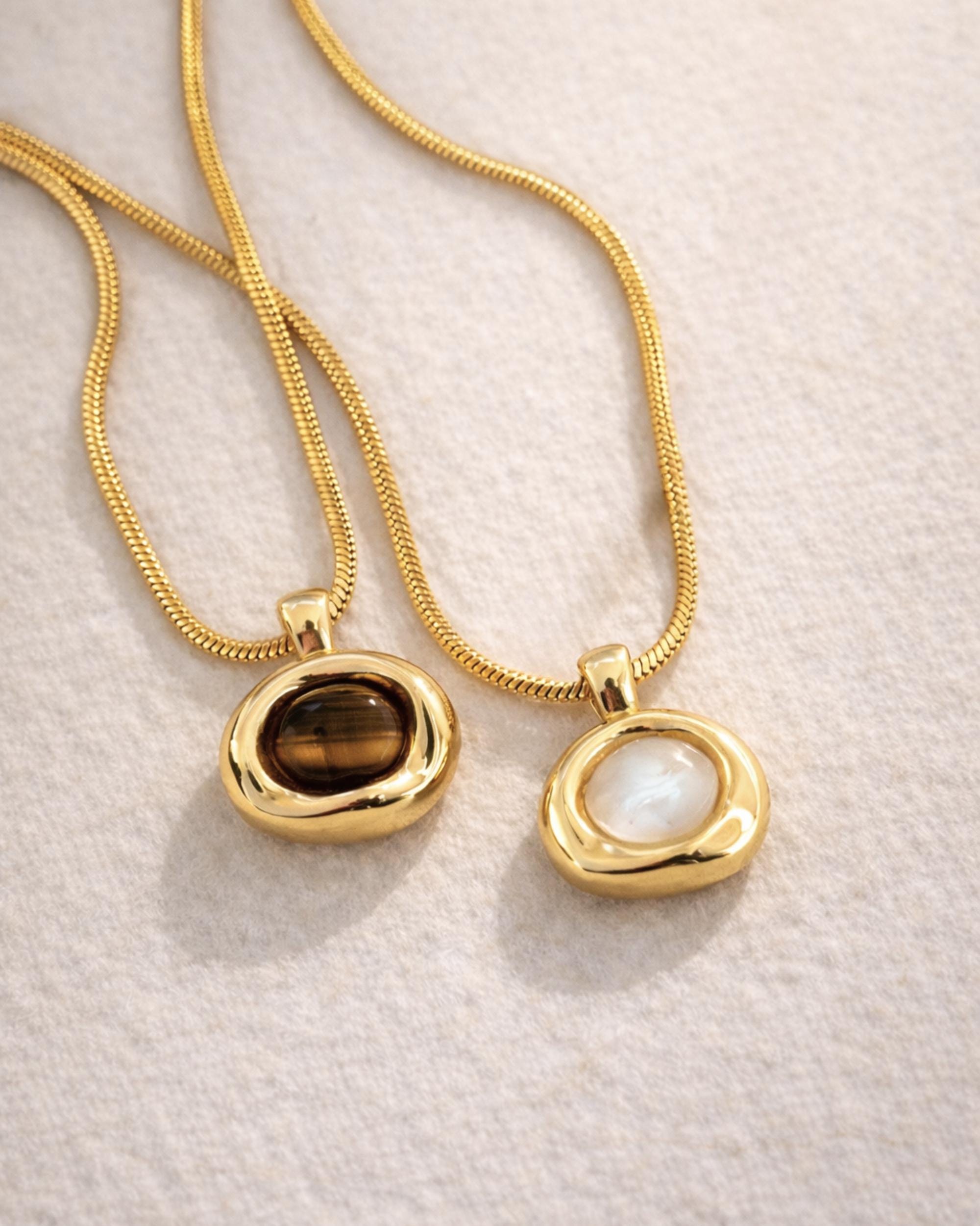 Molten Gemstone Necklace Gold Mother of Pearl or Tiger’s Eye Pendant 18K Gold Stainless Steel Non Tarnish Minimalist Jewelry