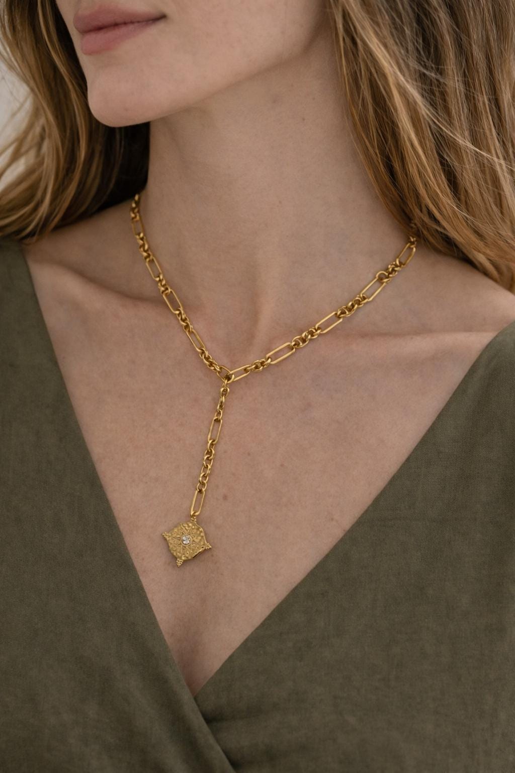 Gold Lariat Necklace Textured Pendant Paperclip Chain Drop Modern Statement Charm Layered Y Gift for Her