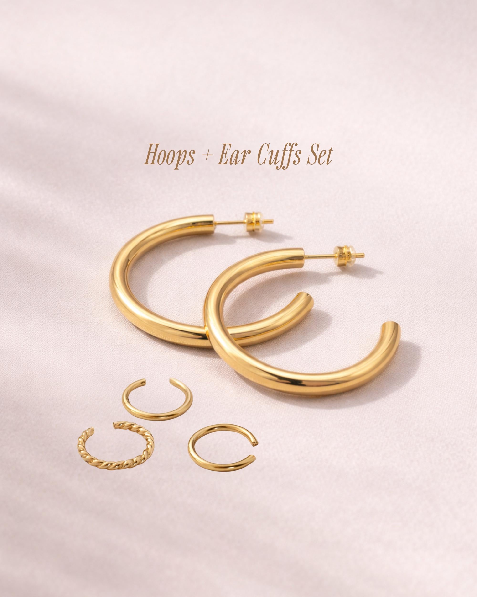 Gold Hoop Earring Set Filled Matching Cuff Non Pierced Ear Alternative Minimalist Jewelry Statement Piece Chunky Design Twisted Rope