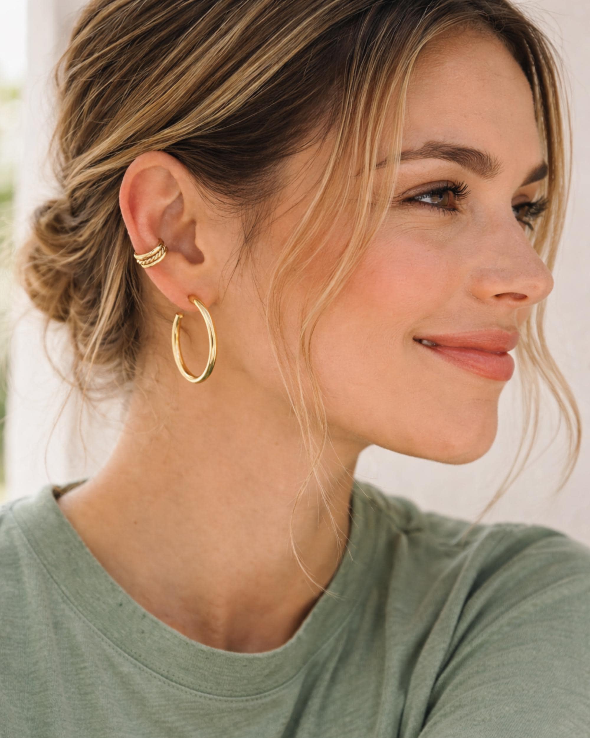 Gold Hoop Earring Set Filled Matching Cuff Non Pierced Ear Alternative Minimalist Jewelry Statement Piece Chunky Design Twisted Rope