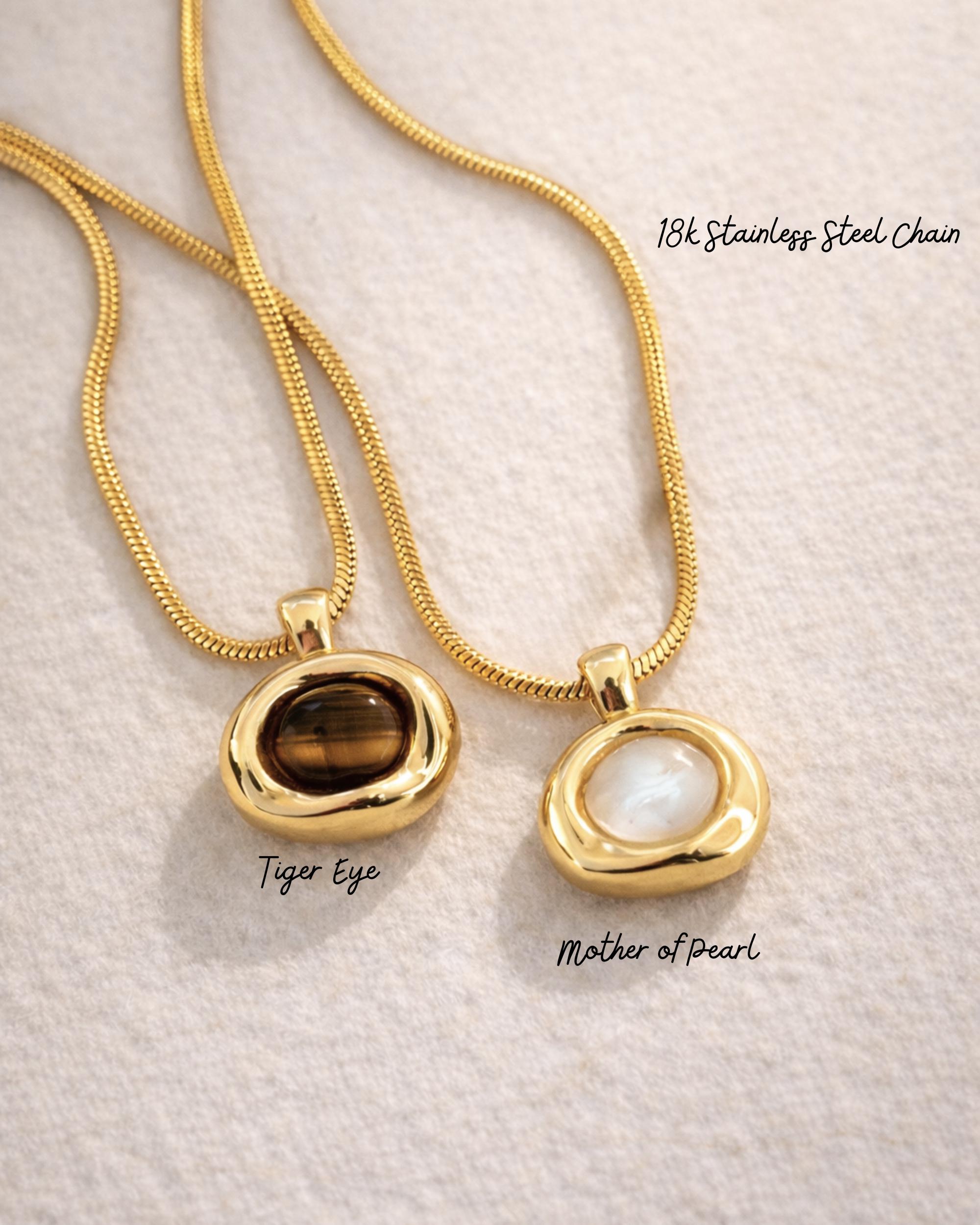 Molten Gemstone Necklace Gold Mother of Pearl or Tiger’s Eye Pendant 18K Gold Stainless Steel Non Tarnish Minimalist Jewelry