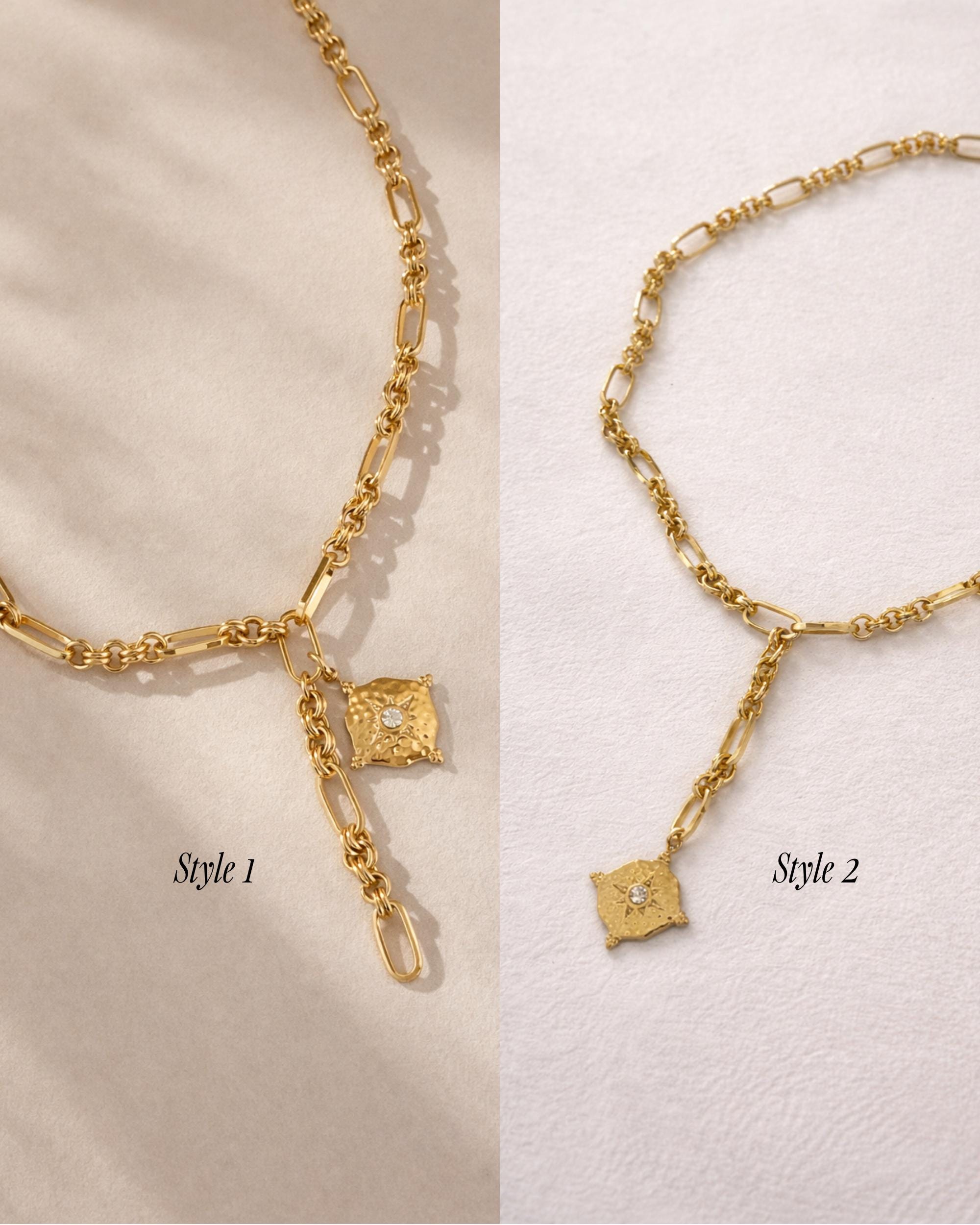 Gold Lariat Necklace Textured Pendant Paperclip Chain Drop Modern Statement Charm Layered Y Gift for Her