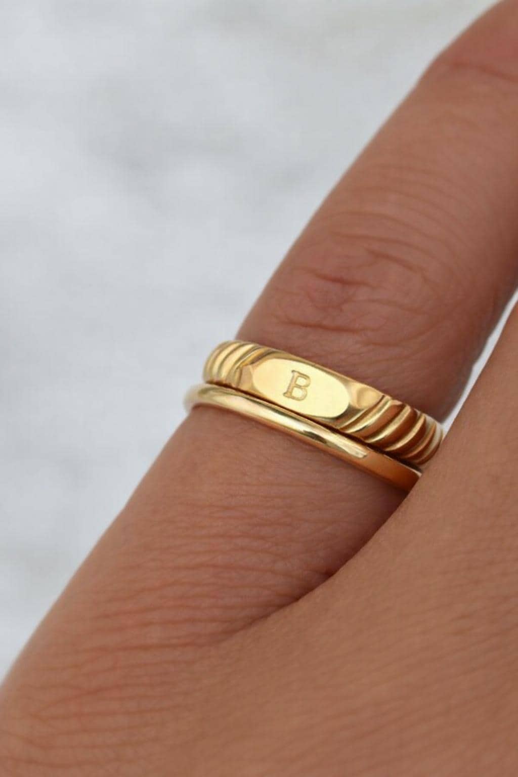 Stacking Ring Set Gold Filled Bands Initial Signet Design Custom Letter Engraving Personalized Monogram Detail Minimalist Jewelry Collection Dainty Ring Pairing Handmade Quality Construction Perfect Gift Option Birthday Present Idea Wedding
