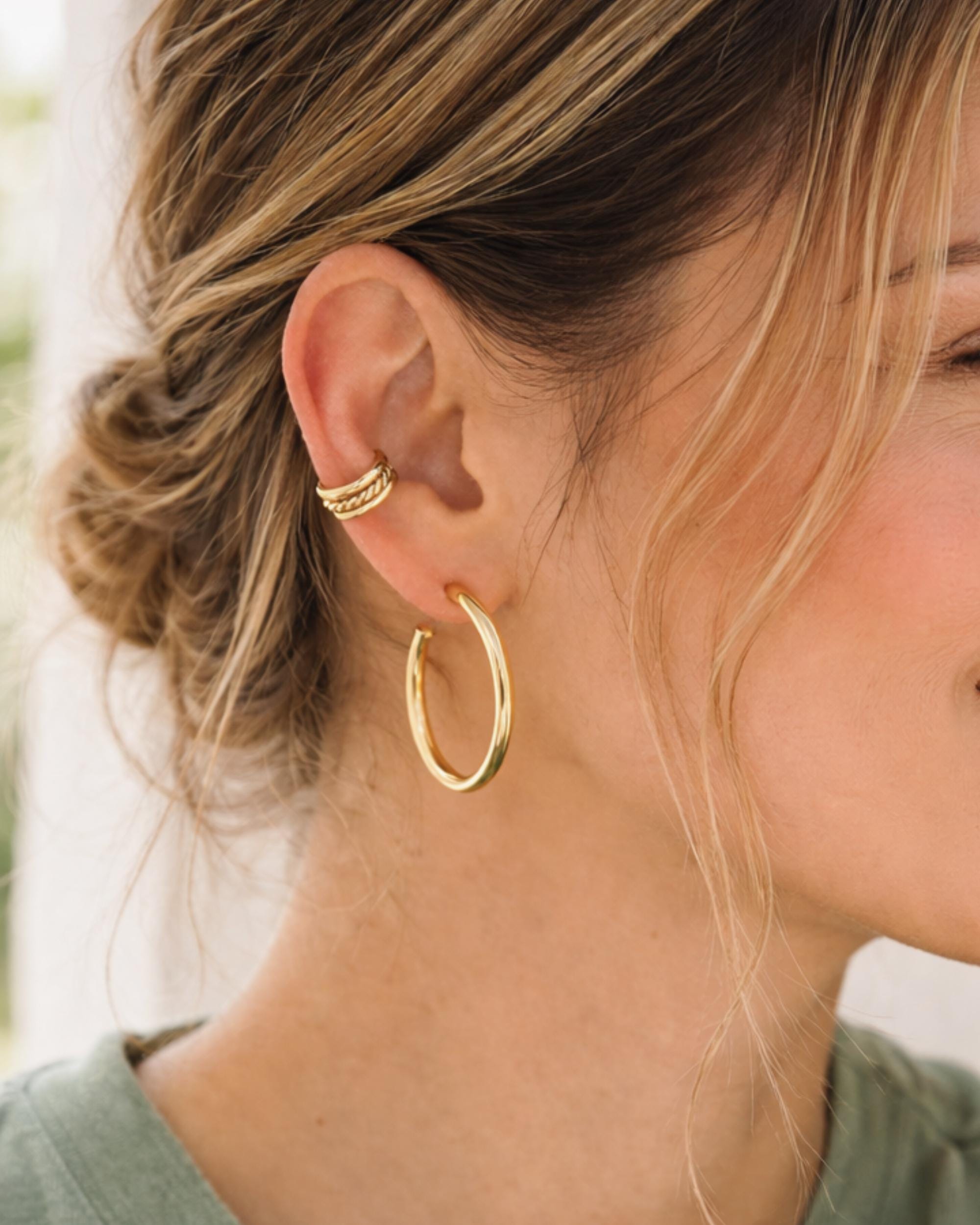 Gold Hoop Earring Set Filled Matching Cuff Non Pierced Ear Alternative Minimalist Jewelry Statement Piece Chunky Design Twisted Rope