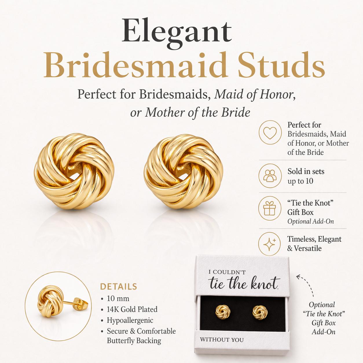 Bridesmaid Knot Earrings, Gold Studs for Bridal Party, Maid of Honor Jewelry, Wedding Day Gift for Bridesmaids