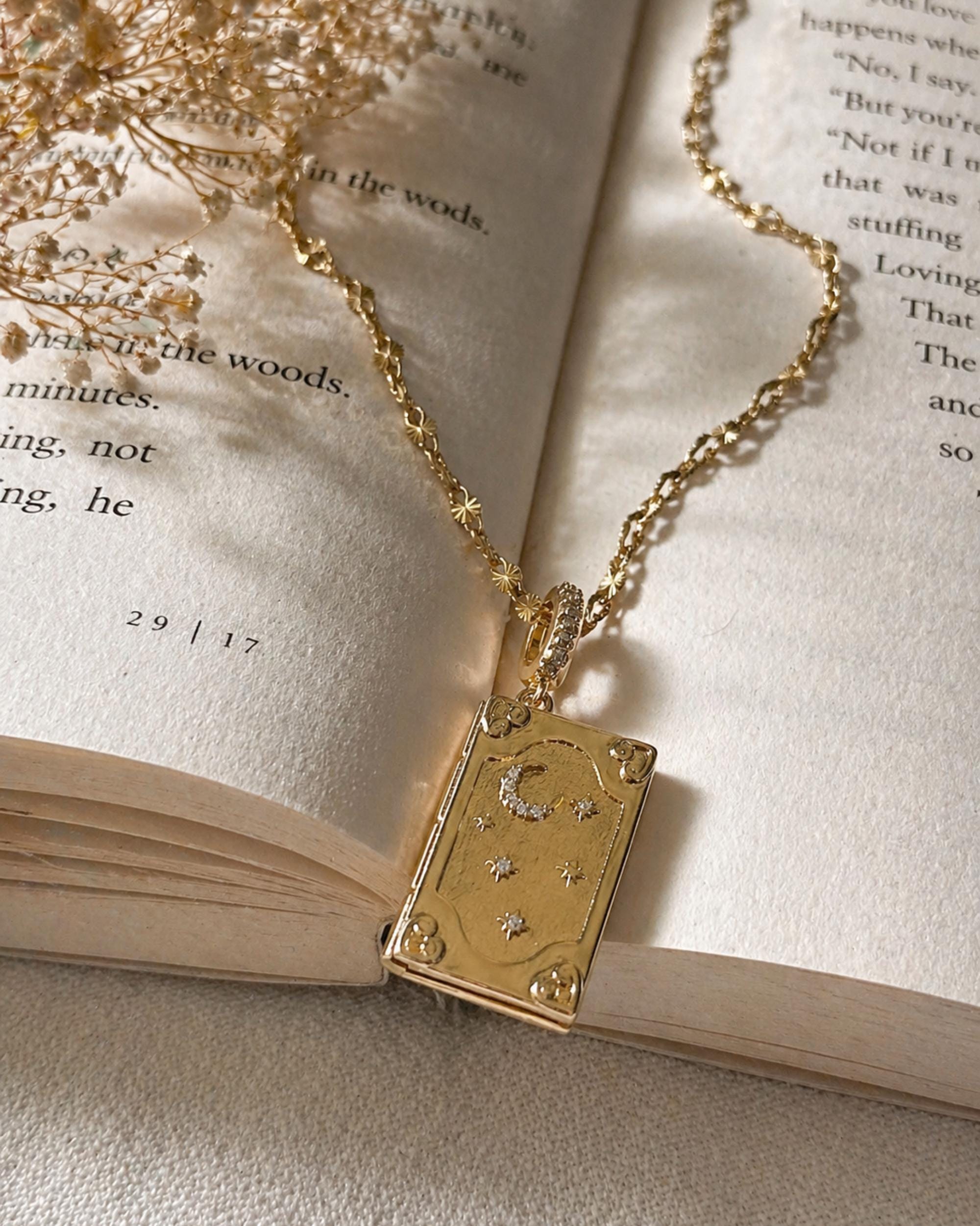 Book Lover Locket Necklace Celestial Book Pendant Gold Secret Quote Jewelry Reader Gift for Her Literary Necklace Aesthetic