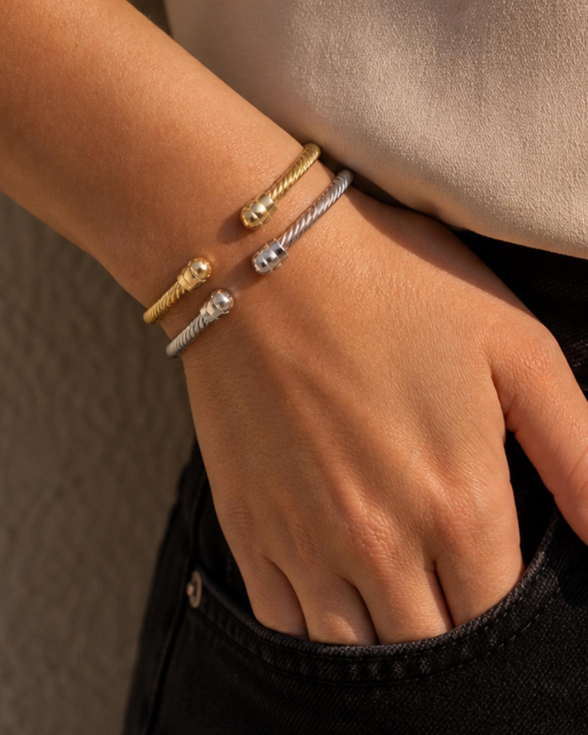 Mixed Metal Cuff Bracelet Set, Gold and Silver Minimalist Jewelry, Everyday Luxury Open Bangle for Women, Quiet Luxury Style