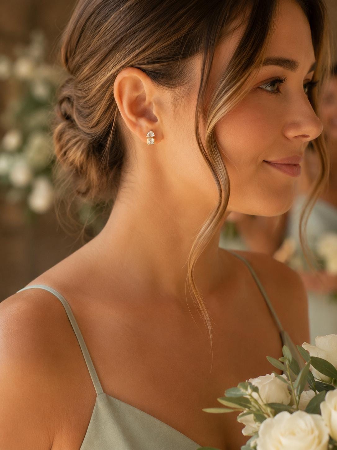Bridesmaid Gift Earrings Gold CZ Stud Set Bridal Party Jewelry Accessory Wedding Day Elegant Design Teardrop - Includes Pouch