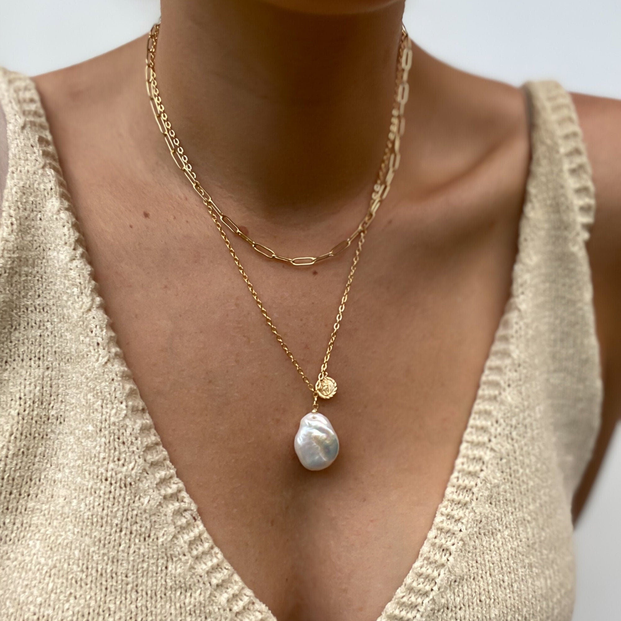 Gold Filled Baroque pearl coin necklace gold large freshwater pearl 14k non tarnish water proof summer necklace