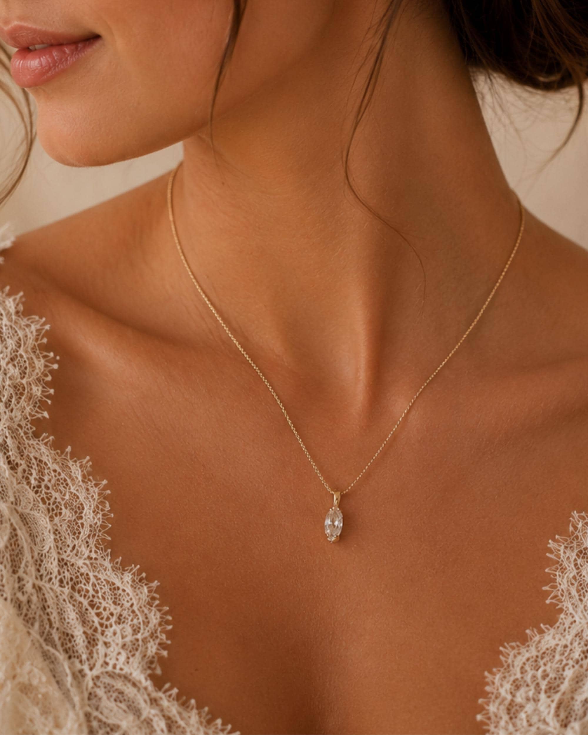 Dainty Bridal Necklace Minimalist Gold Wedding Necklace Marquise CZ Pendant Quiet Luxury Bridal Jewelry Bridesmaid Gift