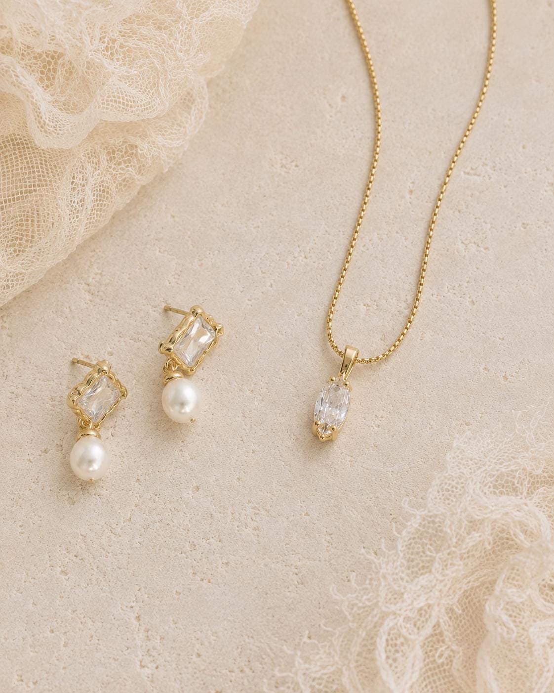 Bridal Jewelry Set Gold Wedding Necklace Pearl Drop Earring Crystal Marquise Stone Studs Bridesmaid Gift Vintage Aesthetic Minimalist
