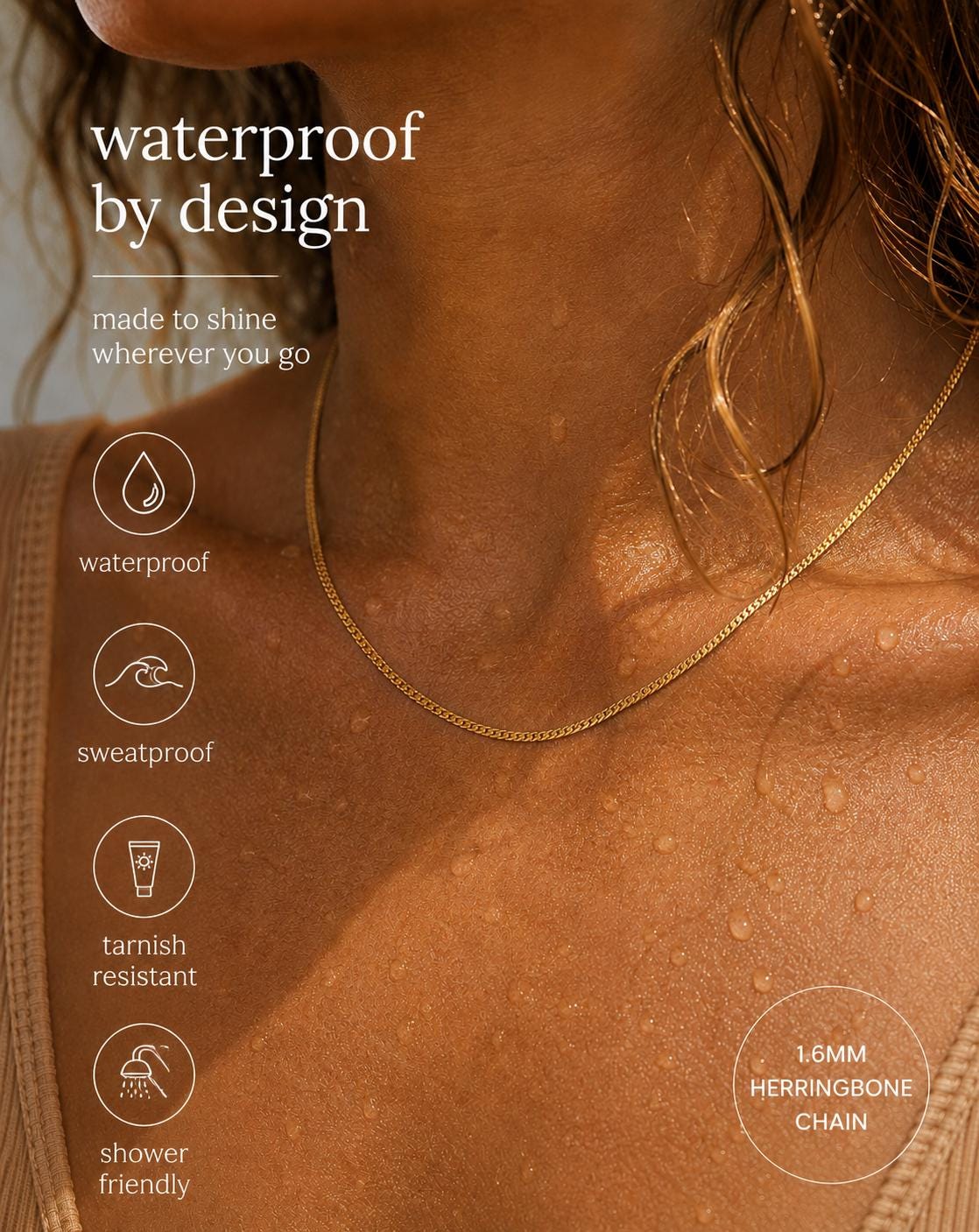 Waterproof Everyday Necklace Dainty Gold Herringbone Chain Never Take Off Jewelry Beach Vacation Layering Necklace