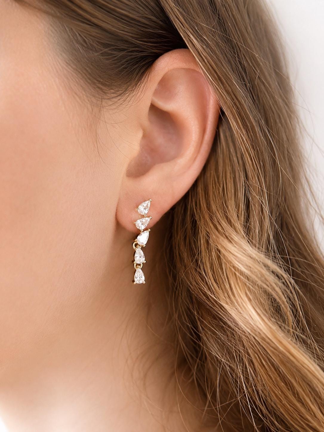 Bride Earrings Wedding Jewelry Gold Drop Teardrop Dangle Crystal Bridal Accessory Bridesmaid Gift Cubic Zirconia Stone Elegant Formal Wear