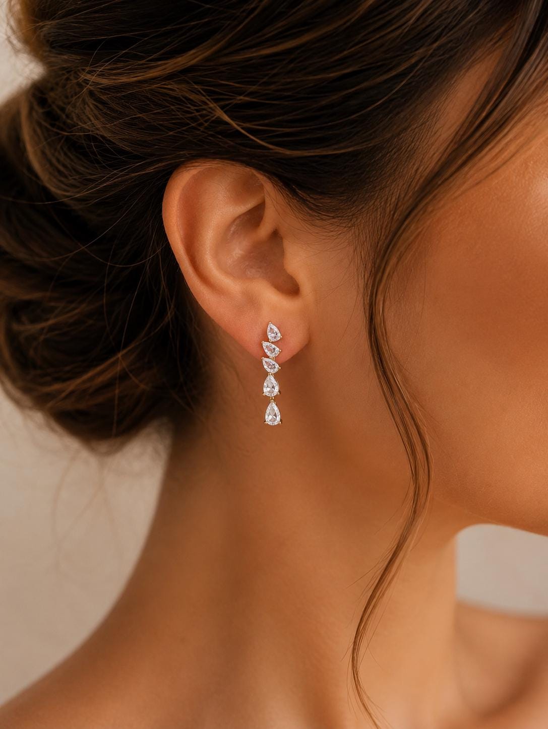 Gold Drop Earrings Teardrop Dangle Design Crystal Jewelry Wedding Bride Accessory Cubic Zirconia Stone Sparkle Elegant Formal Wear Beautiful Bridesmaid Gift Set Perfect Bridal Party Jewelry Nickel Free Plated Collection Special Occasion