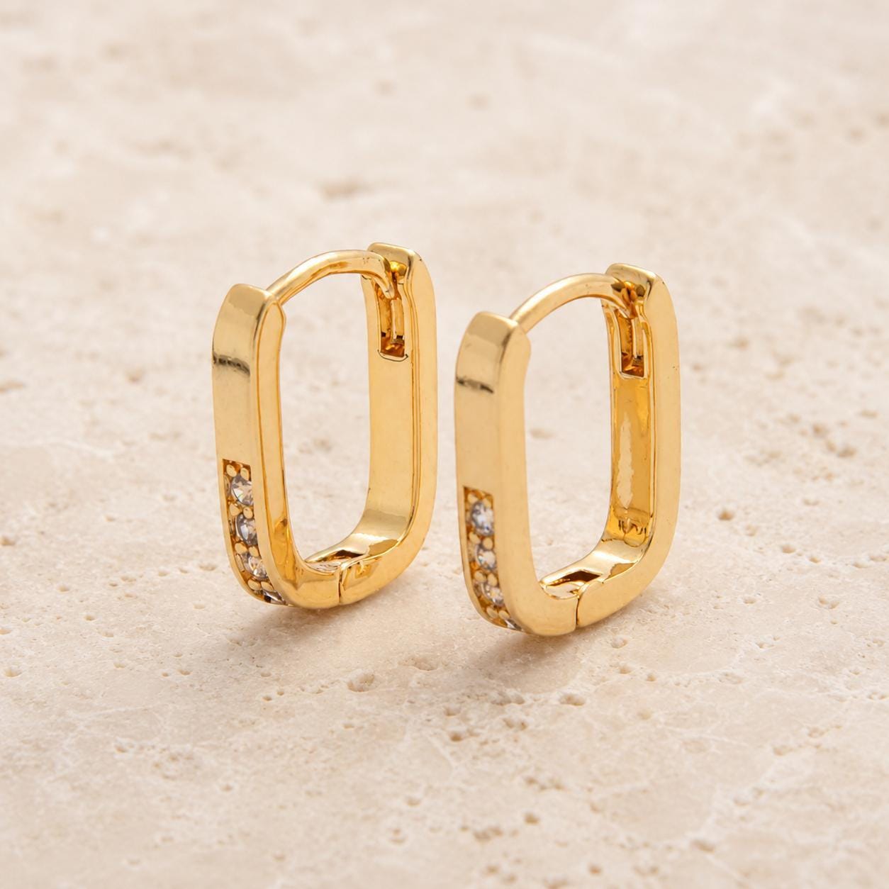 Rectangular Hoop Crystal Pave Earrings Gold Huggie Style Sparkle Stone Jewelry Women Gift Minimalist Modern Geometric Design Sleek Fashion Accessory Lightweight Delicate Small Dainty Profile 18k Gold Filled Construction Perfect Everyday