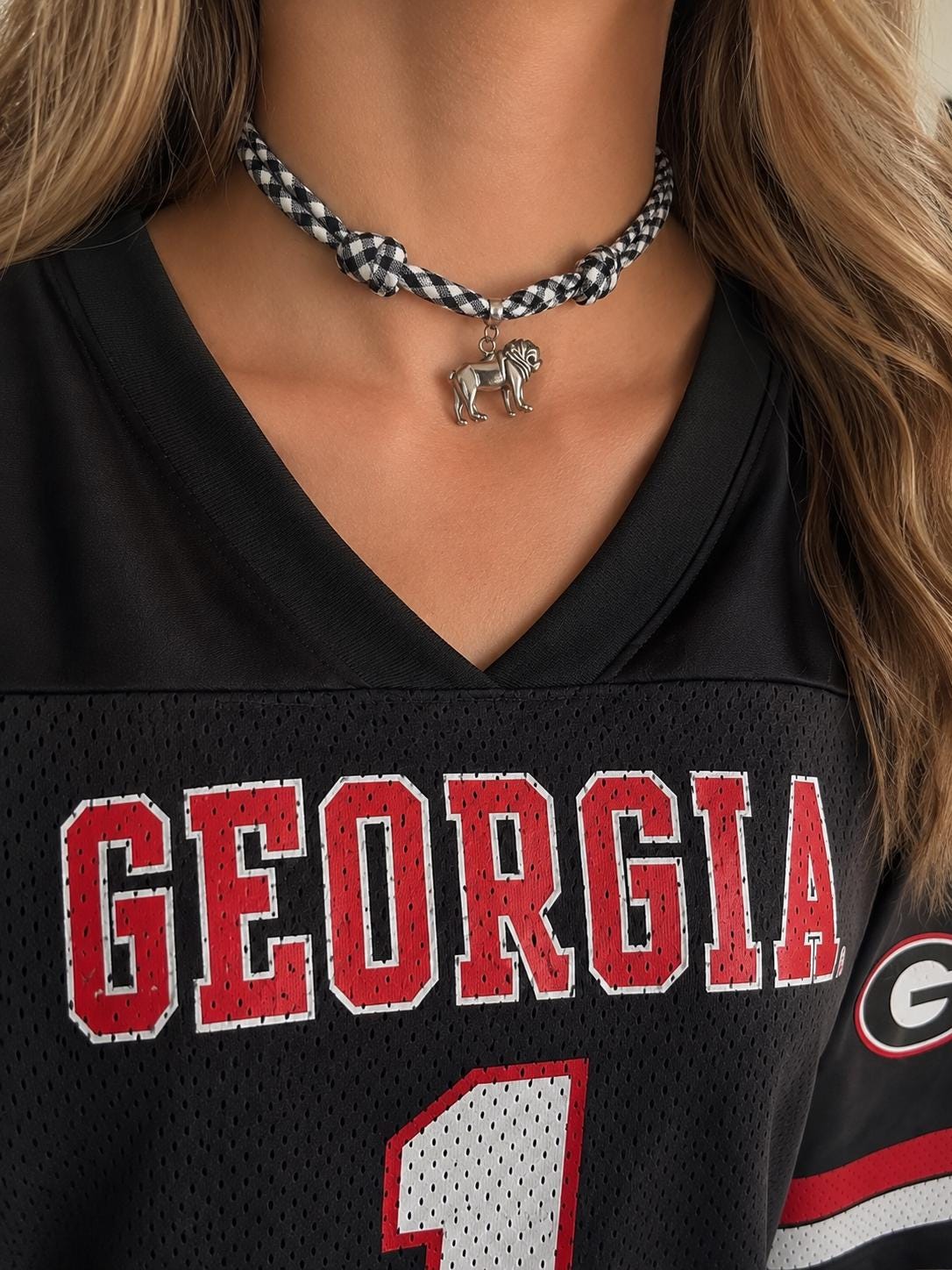 Bulldogs Gameday Necklace Scarf Choker Adjustable Jewelry Gingham Fabric Checkered Bandana Accessory Tailgate Party Outfit College Football
