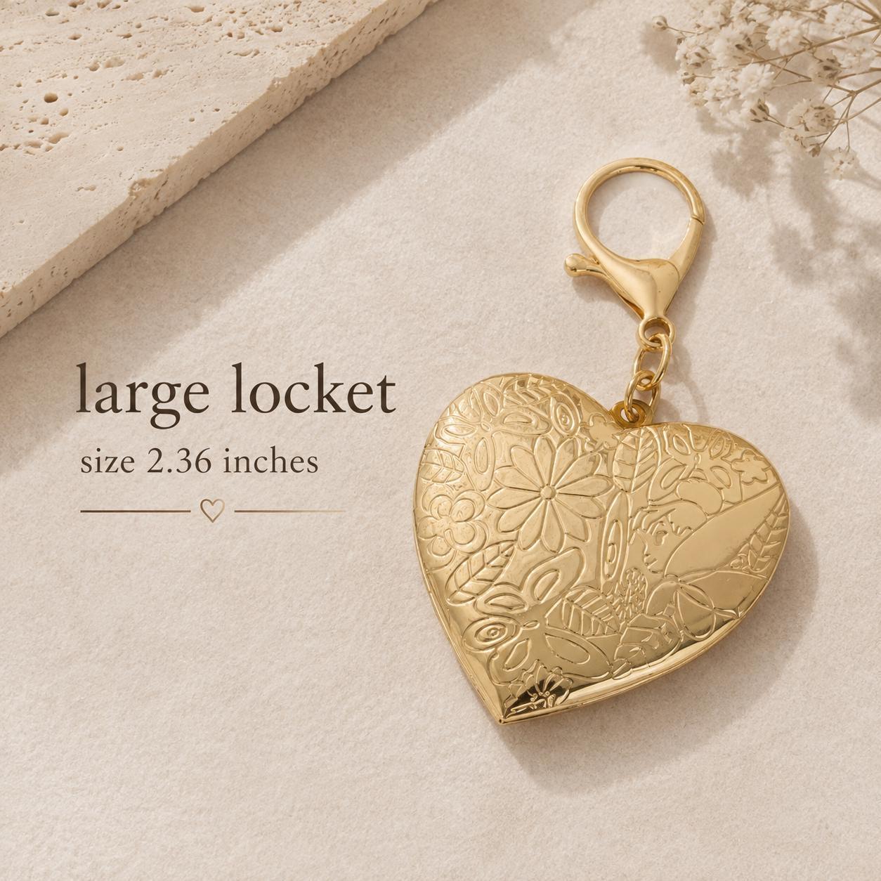 Bag Charm Accessory Heart Locket Gift Girlfriend Birthday Present Personalized Photo Keeper Gold Floral Design Purse Pendant Zipper Pull Handbag Clip Memory Holder Keepsake Jewelry Romantic Sentimental Gift Keychain Attachment Decorative