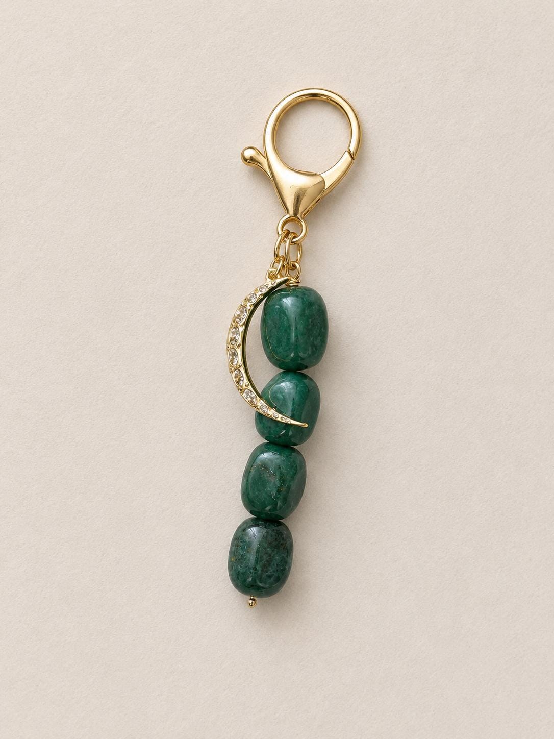 Crystal Bag Dangle Green Gemstone Charm Accessory Beaded Keychain Attachment Crescent Moon Celestial Design Spiritual Gift For Friend Natural Stone Ornament Boho Purse Decoration Zipper Pull Backpack Embellishment Handbag Styling Aventurine