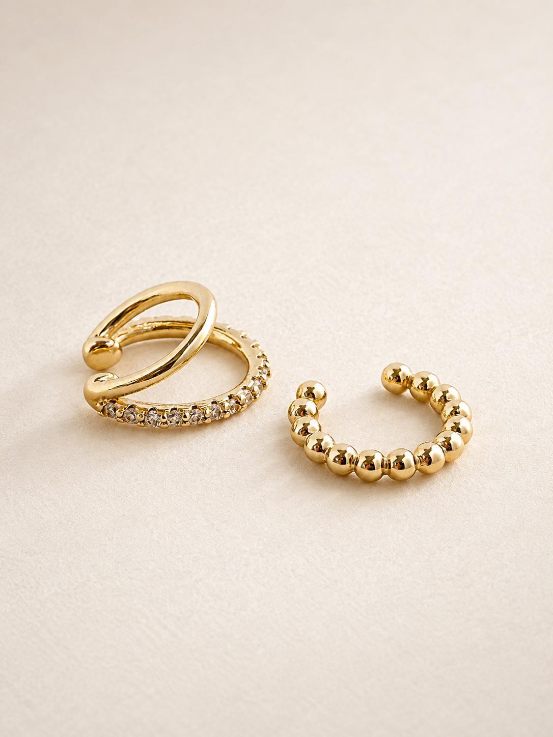 Cartilage Jewelry No Piercing Required Gold Ear Cuff Set Contemporary Accessory Double Layer Design Sparkle Crystal Details Beaded Wrap Band Conch Clip Style Minimalist Gift For Women Modern Collection Layered Look Everyday Wear Perfect