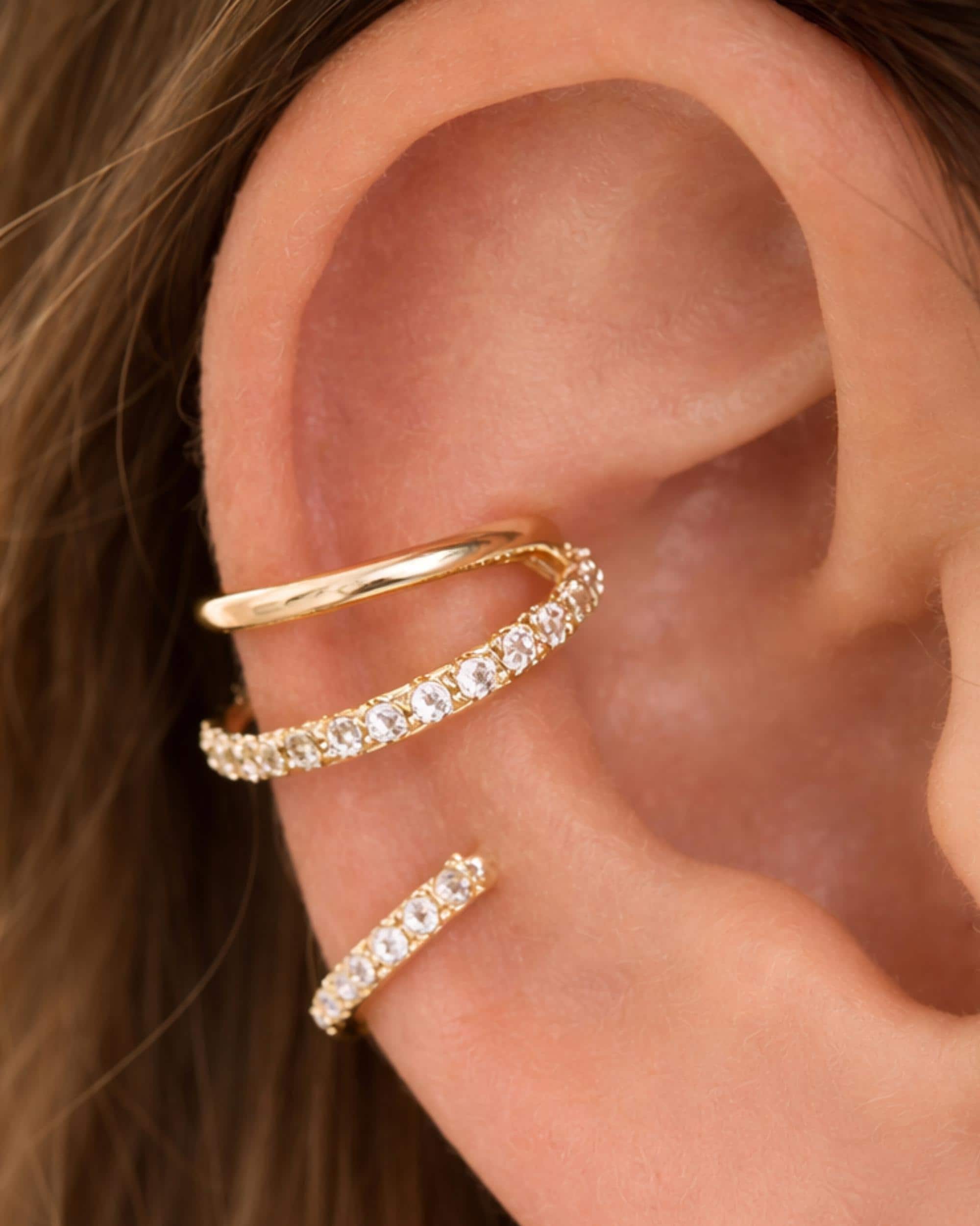 Set Gold Ear Cuff Stack No Piercing Conch Earrings Faux Gift Minimalist Sparkle Design Double Layer Wrap Band Beaded Set Conch Clip Beaded