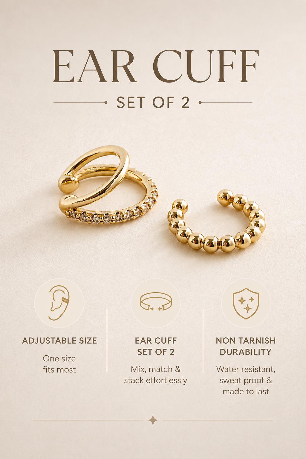 Gold Ear Cuff No Piercing Cartilage Jewelry Gift For Women Contemporary Accessory Sparkle Design Double Layer Wrap Band Beaded Set Conch Clip Minimalist Style Crystal Pair Modern Collection Layered Stacking Look Everyday Wear Perfect
